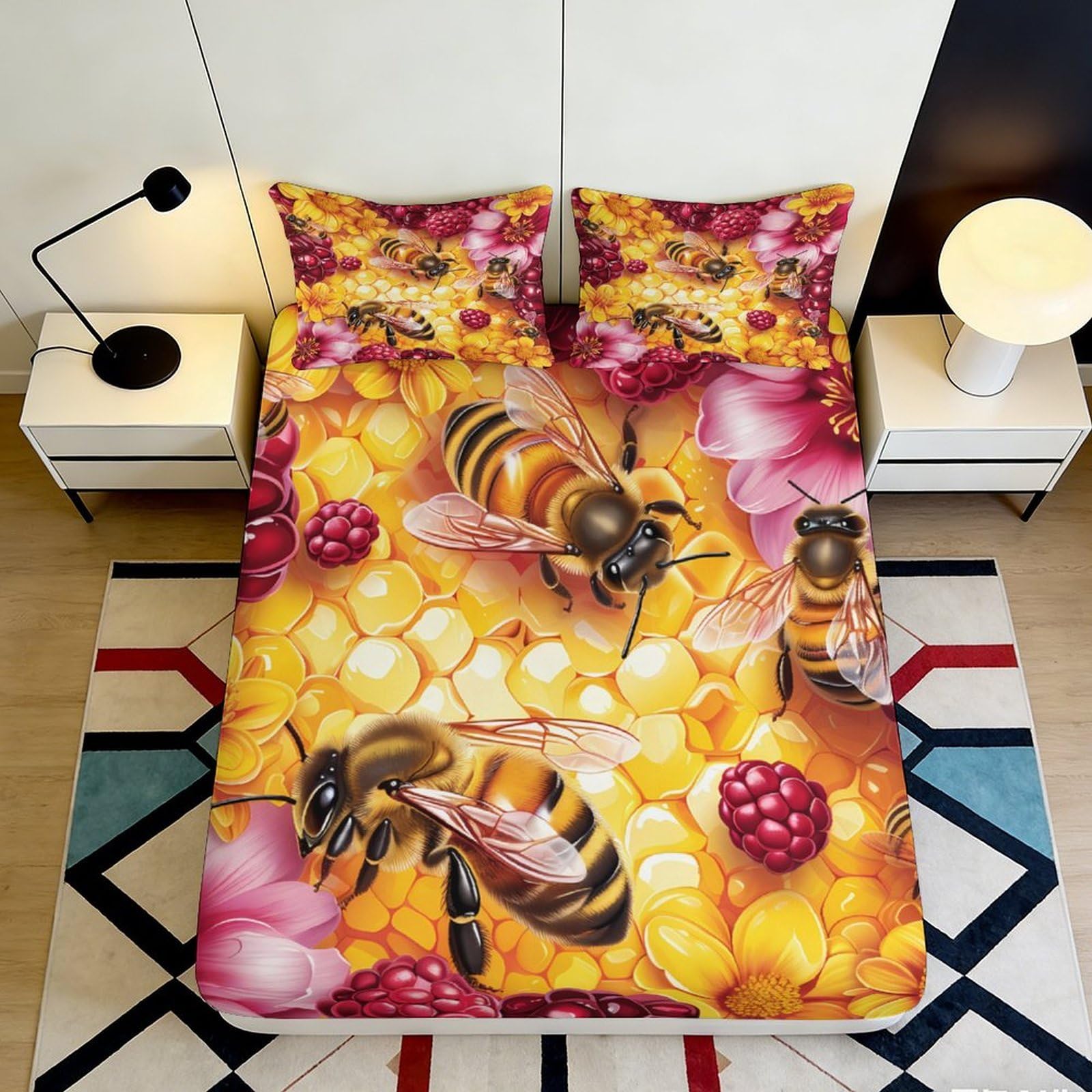 3D Printed Honey Bee Fitted Sheet Microfiber Soft Breathable Honeycomb Flower Mattress Cover for Bedroom Dorm Decor 90x200x25cm