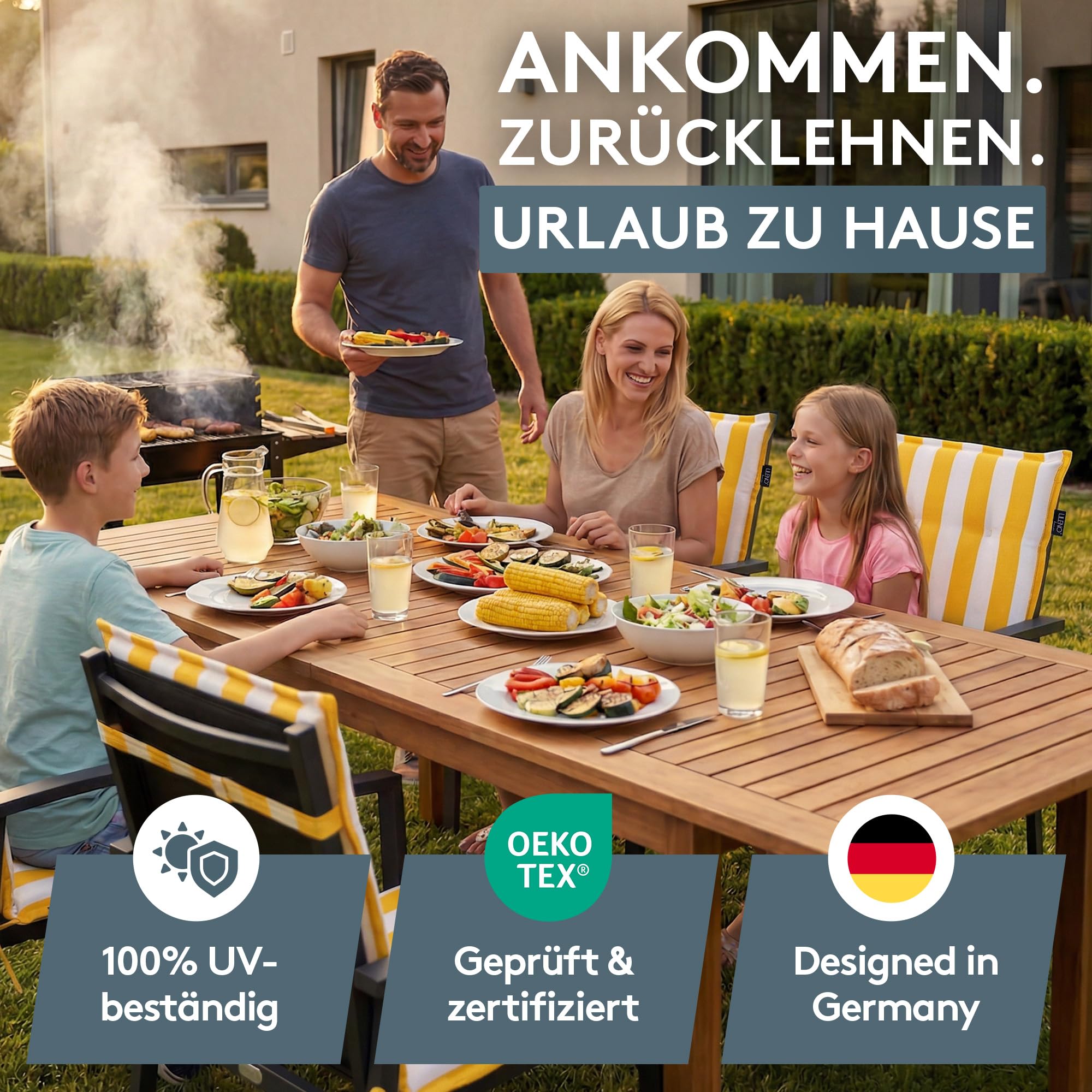 LILENO HOME Gartenstuhl Auflagen als [2er Set - Niedriglehner] in Blockstreifen Gelb - Bequeme Liegen als Sitzauflagen für Gartenmöbel - Stuhlkissen für Gartenstühle und Klappstühle