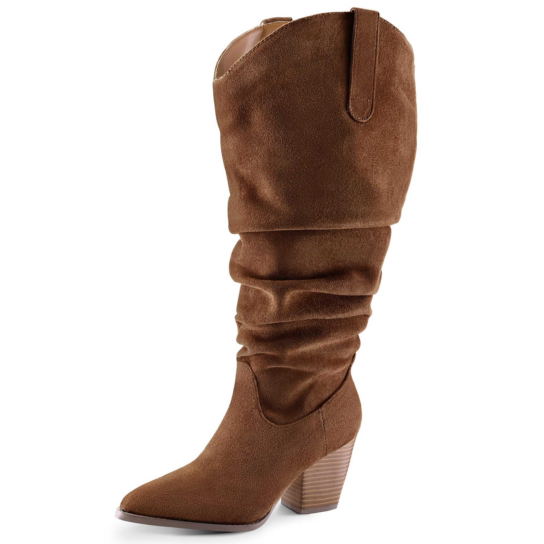 mysoft Women's Wide Calf Knee High Boots Cowgirl Low Chunky Stacked Heel Wide Width Pointed Toe Slouchy Tall Boots with Zippers