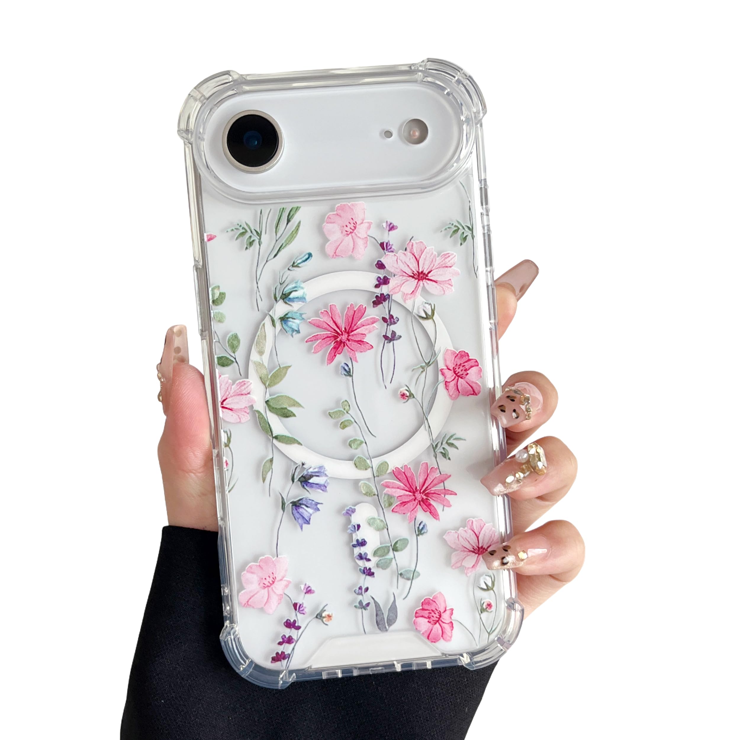 DEFBSC Magnetisch Hülle für iPhone Air Kompatibel mit MagSafe, Transparent Hülle mit Florale Blumen Muster Design Hart PC Rückseite Dünne Stoßfest Kratzfestes Schutzhülle - Rosa Kosmos