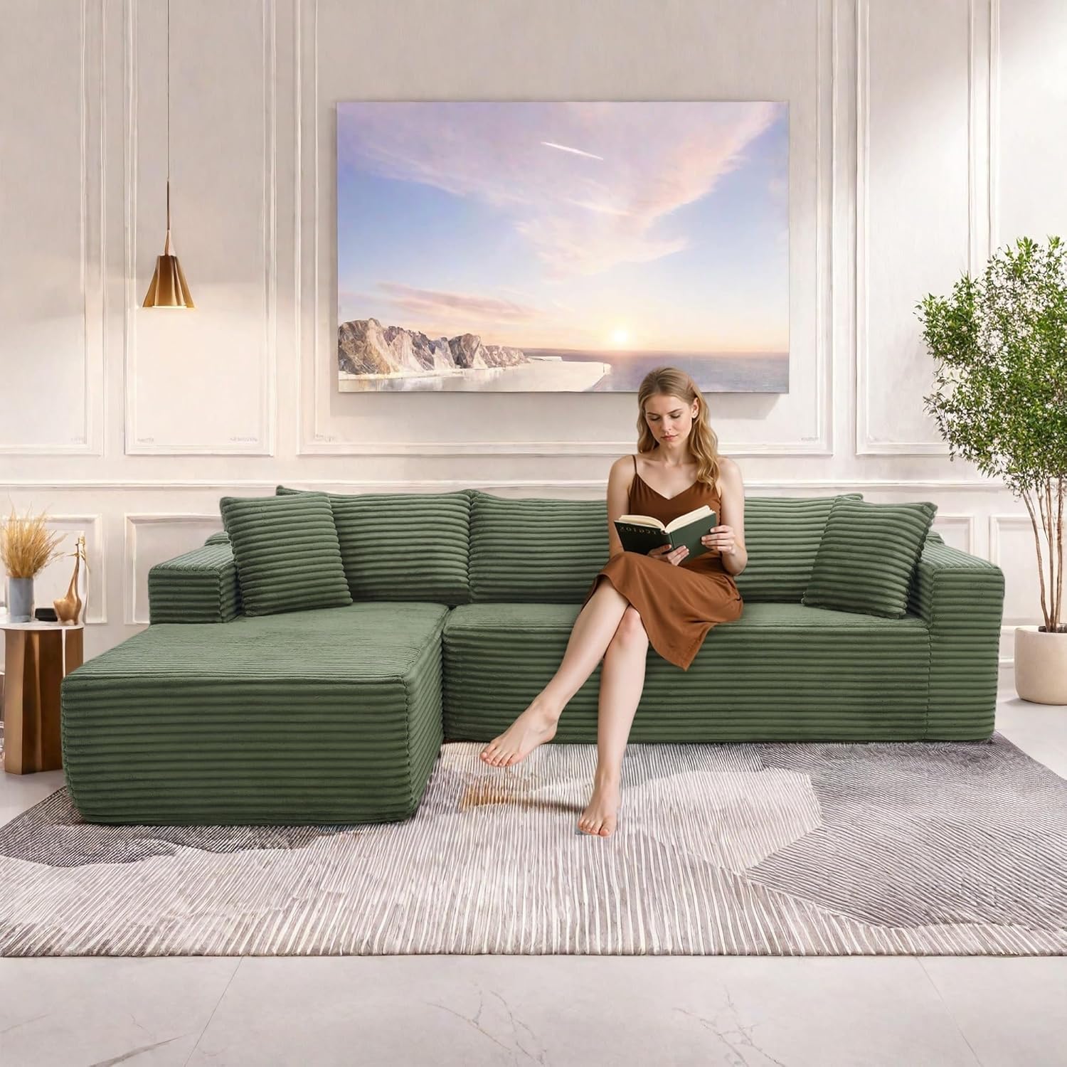 105" Cloud Sectional Couch with L-Shape Chaise,Modern Modular Sofa with Deep Seat, Fluffy Boneless Couches for Living Room Bedroom,No Assembly Required, Green (Plush Flannel Fabric)