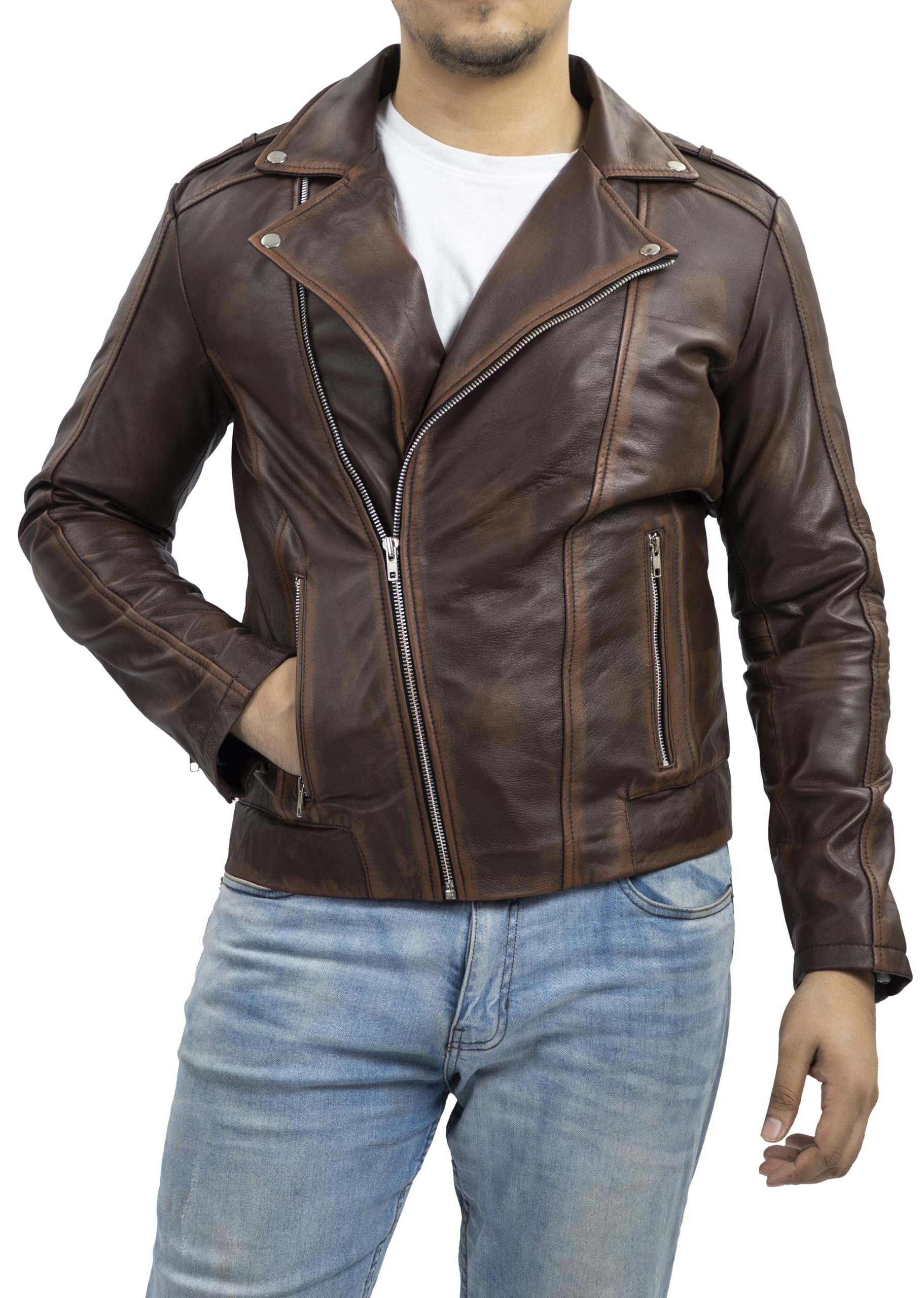 Jild Biker Style Genuine Leather Jacket Men - Vintage Look Asymmetric Zip-Up Hand Waxed Leather Lapel Style Motorcycle Jacket