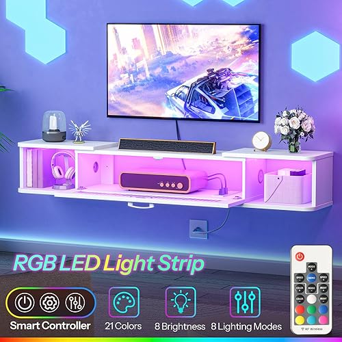 Miniatura 3 de HOOBRO Soporte de TV flotante con toma de corriente de luz LED para hasta 65 pulgadas, estante de TV montado en la pared, centro de entretenimiento