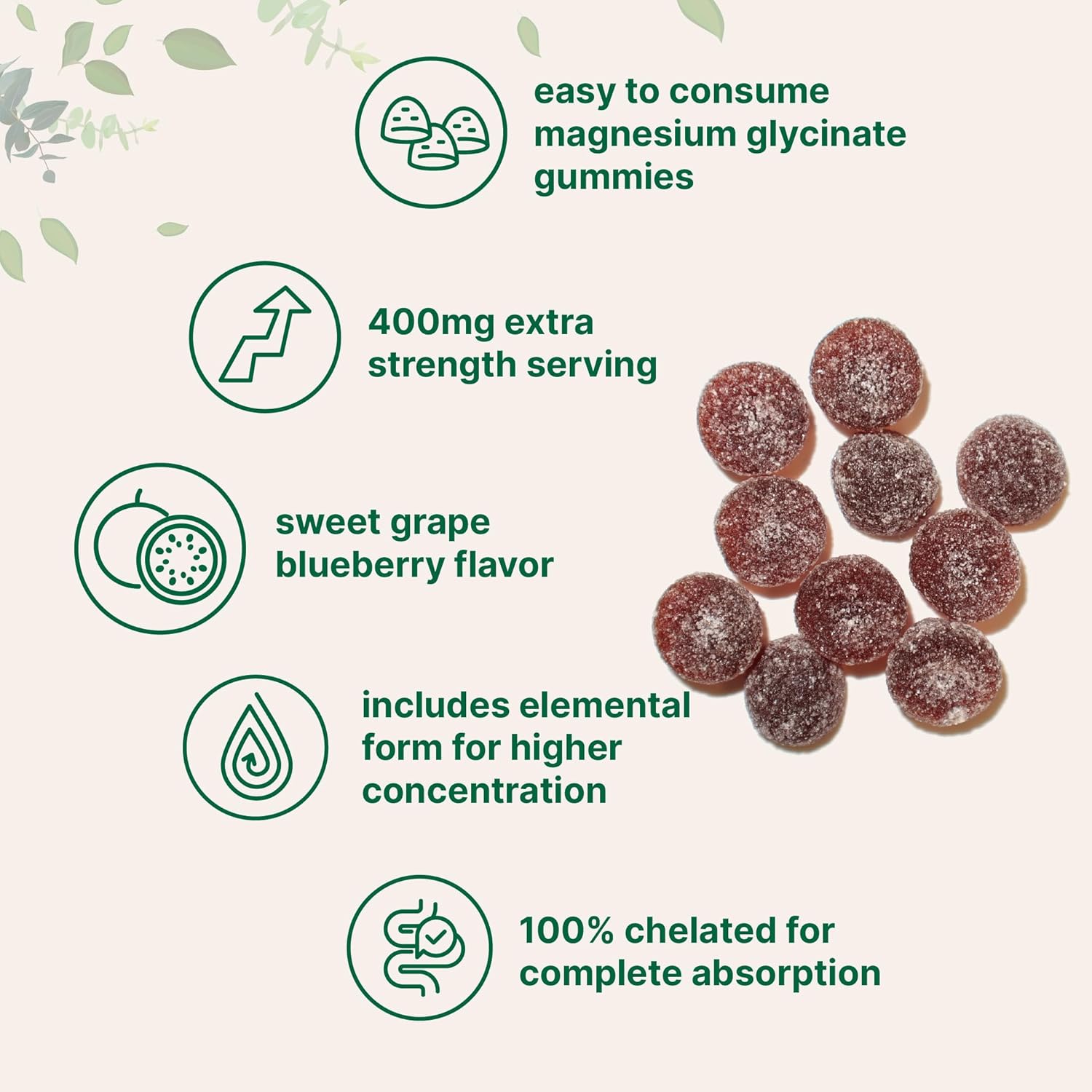 Magnesium Glycinate Gummies 400mg Per Serving, 120 Count | Natural Grape Blueberry Flavor | Potent Elemental Form + Chelated for High Absorption | Healthy Muscle, Bones, & Mood Support Supplement - Image 3