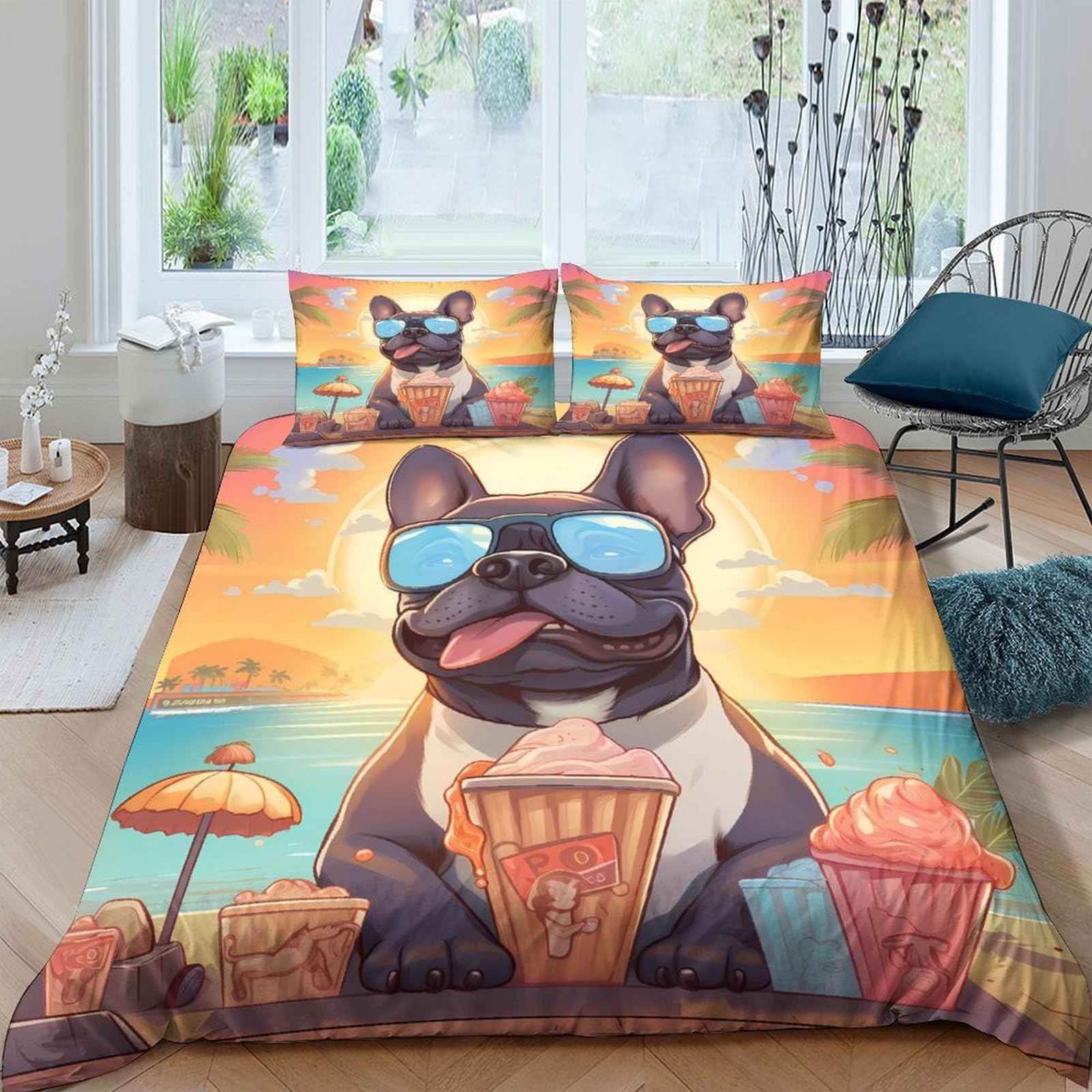 Ctjqhvkz Style-10 3D Printed French Bulldog Beach Fitted Sheet Microfiber Vibrant Cartoon Dog Bed Cover For Bedroom Dorm Decor Single（135X200cm）