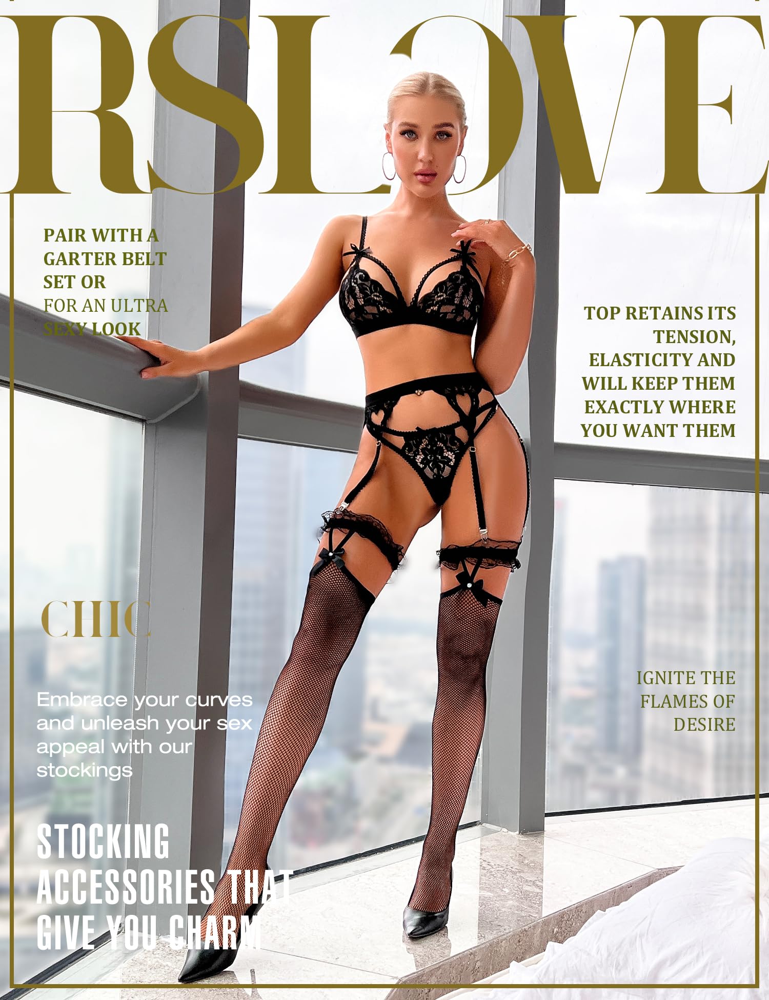 RSLOVE Women Fishnet Stockings Sexy Thigh High Pantyhose Women Tight Hosiery: Black