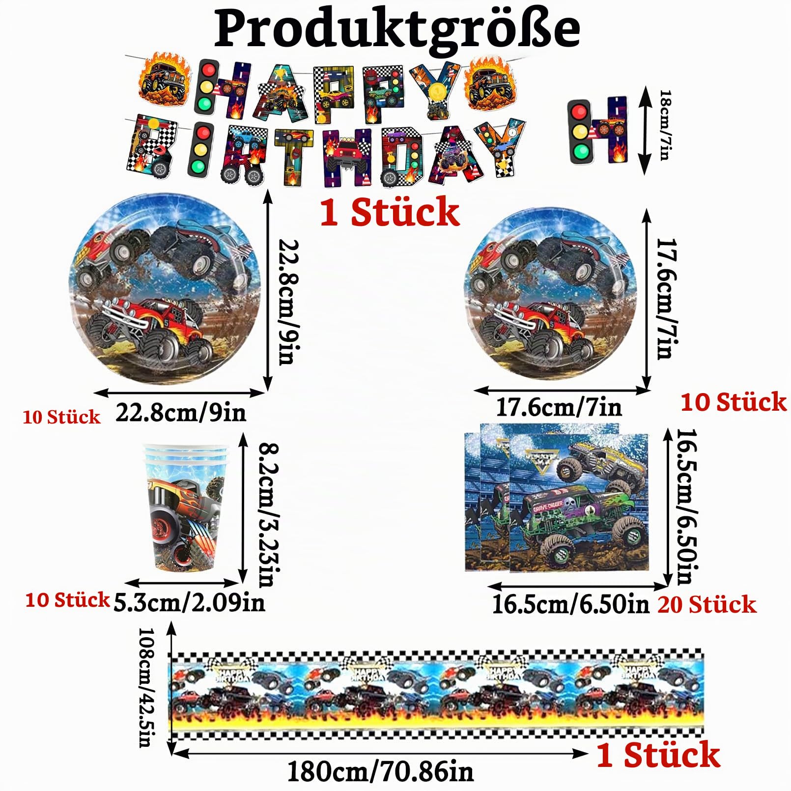 88 Stück Geburtstagsdeko, Monster Truk Partygeschirr Set, Geburtstags Deko, Monster Truk Kuchen Deko, Geburtstags Tischdeko