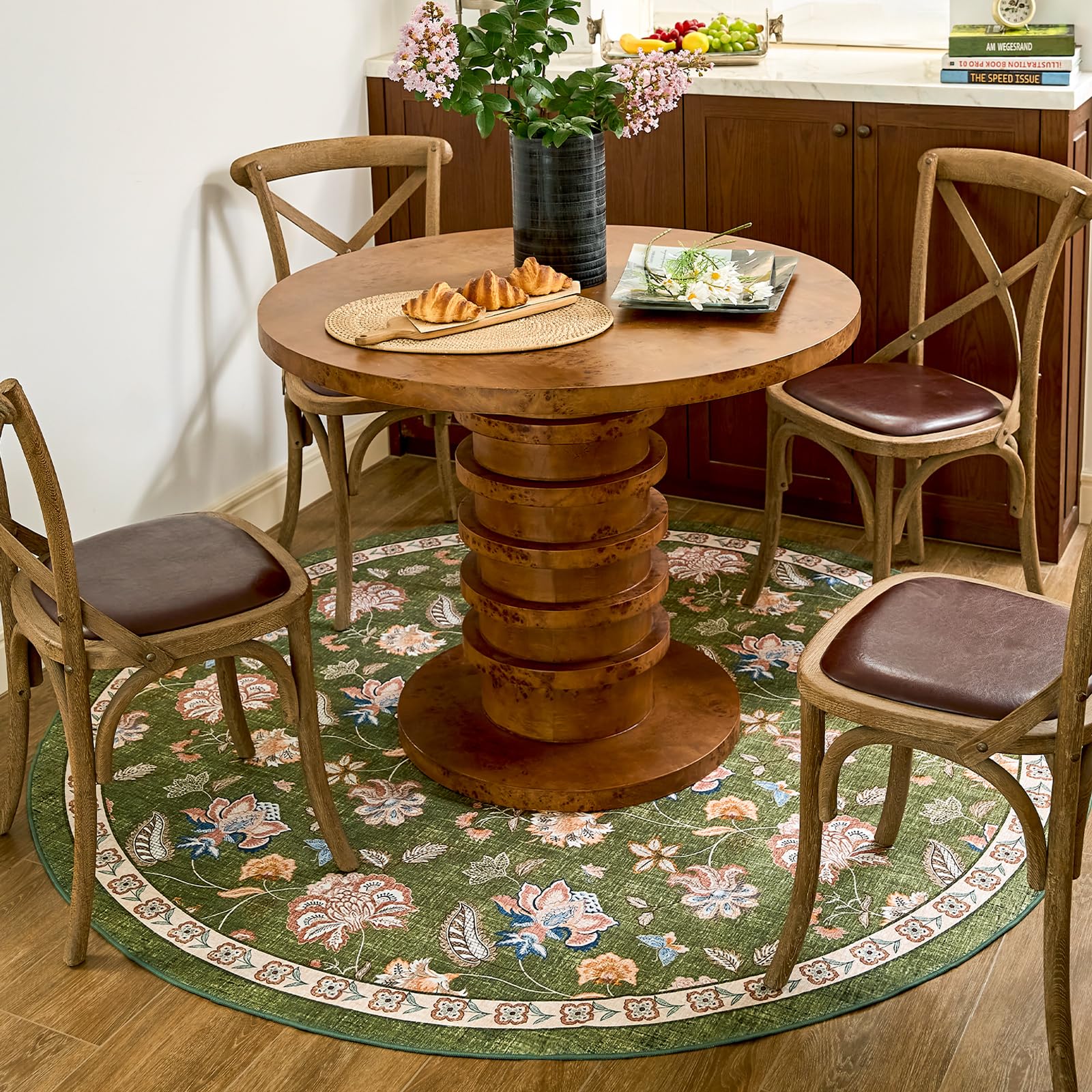 Photo 1 of jinchan Elora 6ft Floral Round Rug for Dining Room Washable Living Room Rug Vintage Romance Design Non Slip Indoor Floor Cover Lightweight Low-Profile Throw Carpet for Bedroom Porch Patio, Green