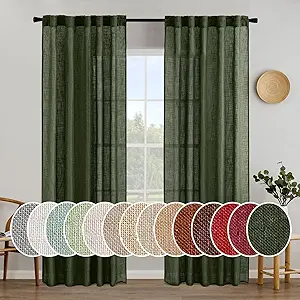 MIULEE Olive Green Linen Curtains 84 Inch Length for Bedroom Living Room, Soft Thick Linen Textured Window Drapes Semi Sheer Light Filtering Back Tab Rod Pocket Burlap Look Christmas Decor, 2 Panels
