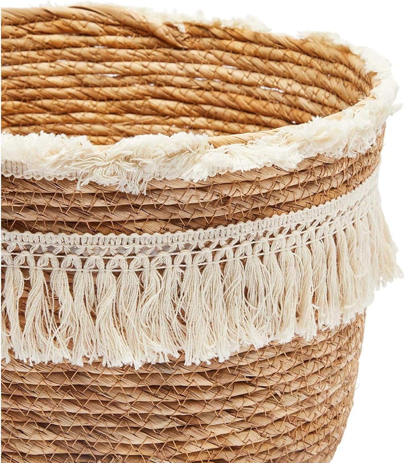 Boho Natural Woven Round Storage Baskets with Fringe, Set of 2