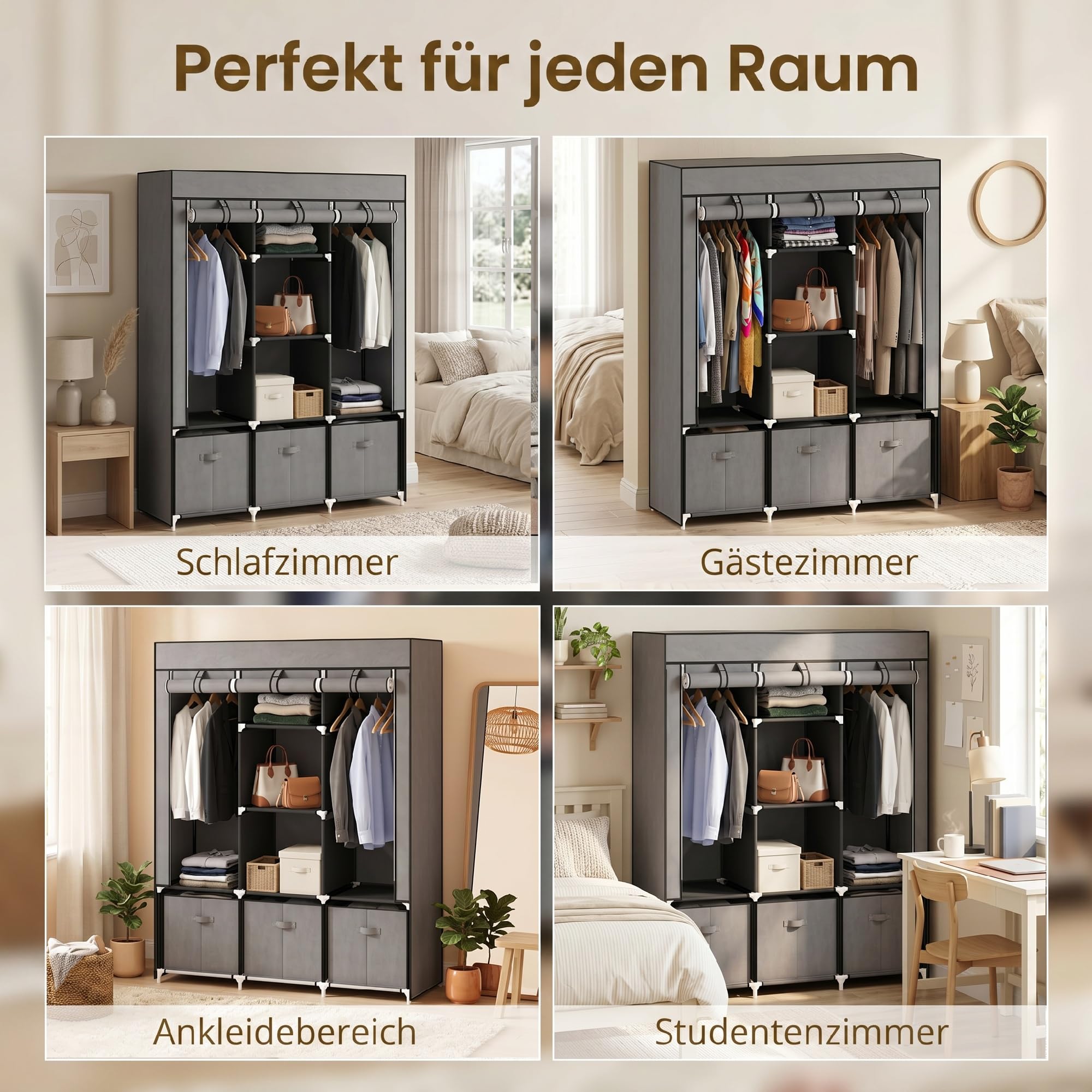 HOMCOM Kleiderschrank Stoffschrank mit Kleiderstange, Schubladen, Reißverschluss Faltschrank für Schlafzimmer, Ankleidezimmer, 125 x 43 x 162,5 cm, Dunkelgrau