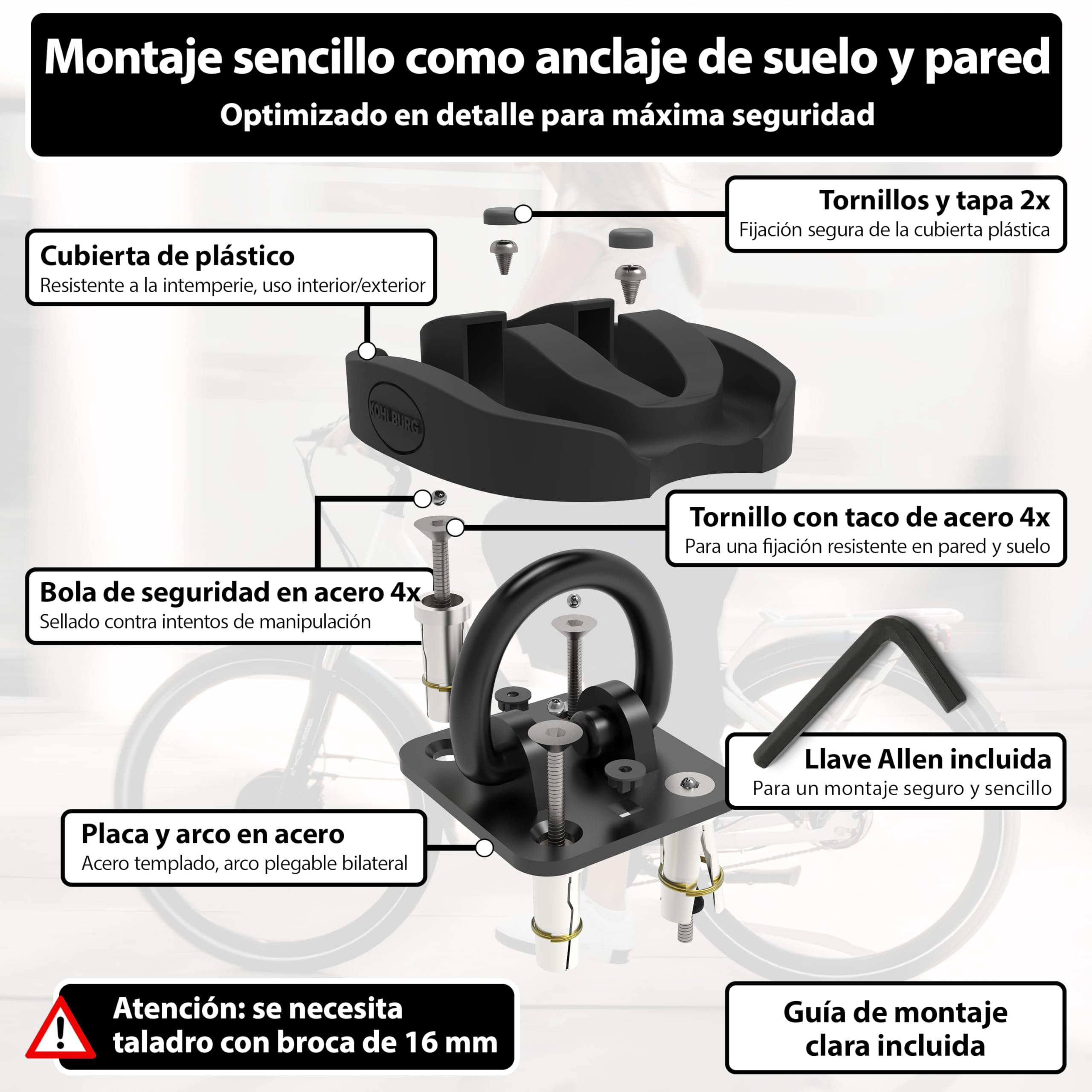 KOHLBURG anclaje de seguridad suelo y pared nivel de seguridad más alto, anclaje moto scooter e‑bike y bicicleta con arco de 14 mm en acero templado – antirrobo bici para pared y suelo sótano y garaje
