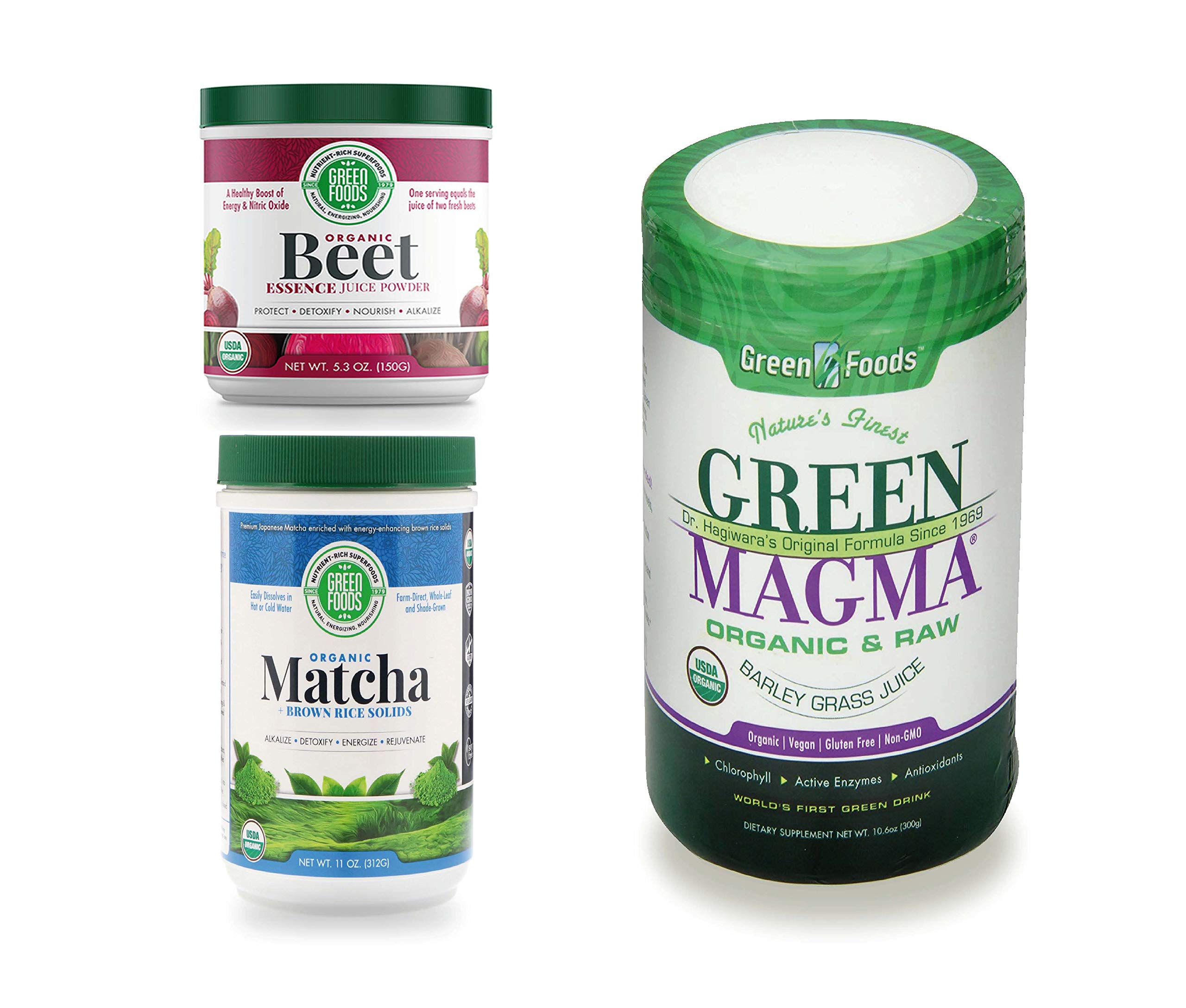 Green Foods Bundle with Beet 5.3oz Plus Green Magma Plus Organic Matcha 11oz (3 Items) | Paquete de alimentos Verdes con remolacha y Green Magma más Matcha orgánico