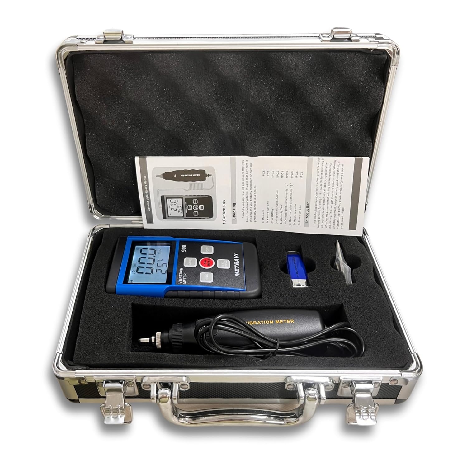 Metravi 908 Vibration Meter and accessories stored in a hard carrying case.