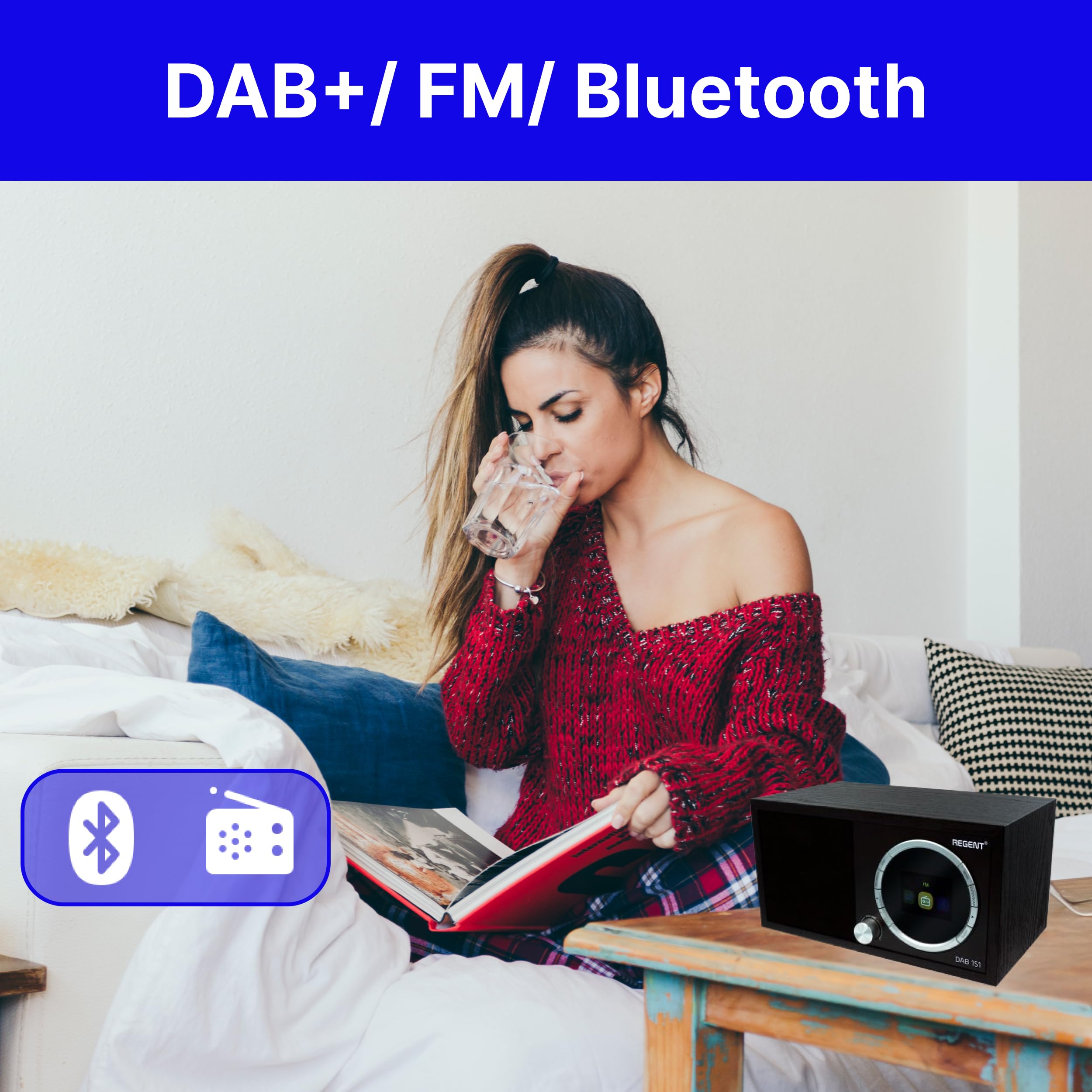 Regent DAB151 – Radio portátil Dab+/FM Bluetooth, Despertador Dab+, Recargable (Corriente/baterías), sintonizador Digital, diseño Compacto