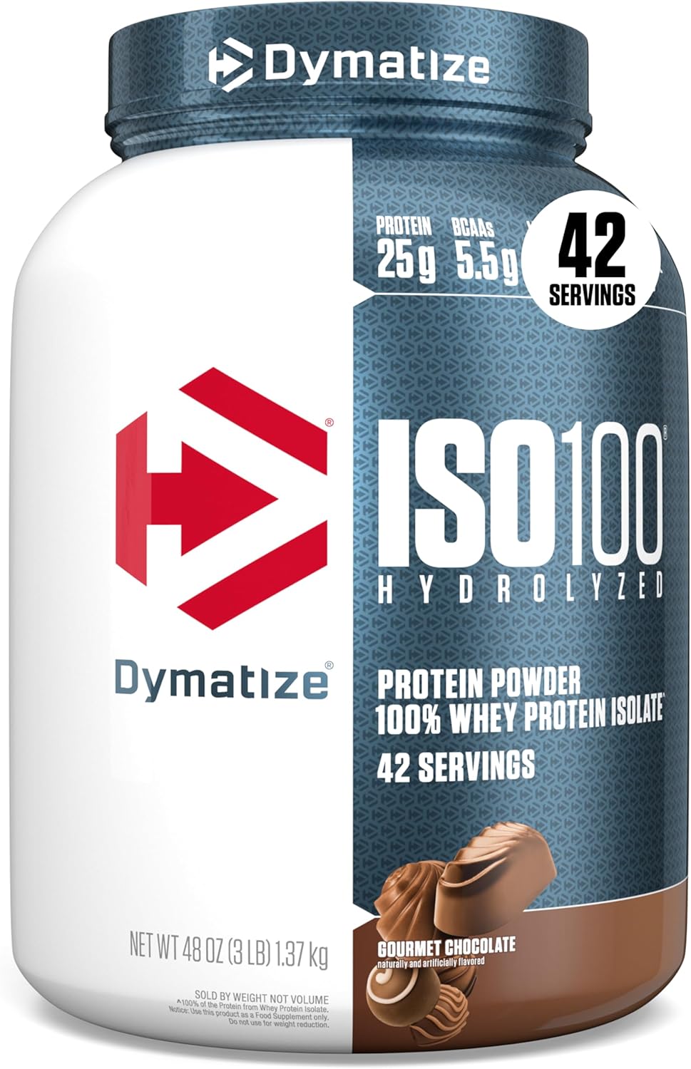 Dymatize ISO100 Hydrolyzed Protein Powder, 100% Whey Isolate Protein, 25g of Protein, 5.5g BCAAs, Gluten Free, Fast Absorbing, Easy Digesting, Gourmet Chocolate, 3 Pound (42 Servings)