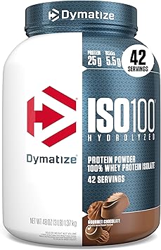 Dymatize ISO100 Hydrolyzed Protein Powder, 100% Whey Isolate Protein, 25g of Protein, 5.5g BCAAs, Gluten Free, Fast Absorbing, Easy Digesting, Gourmet Chocolate, 3 Pound (42 Servings)