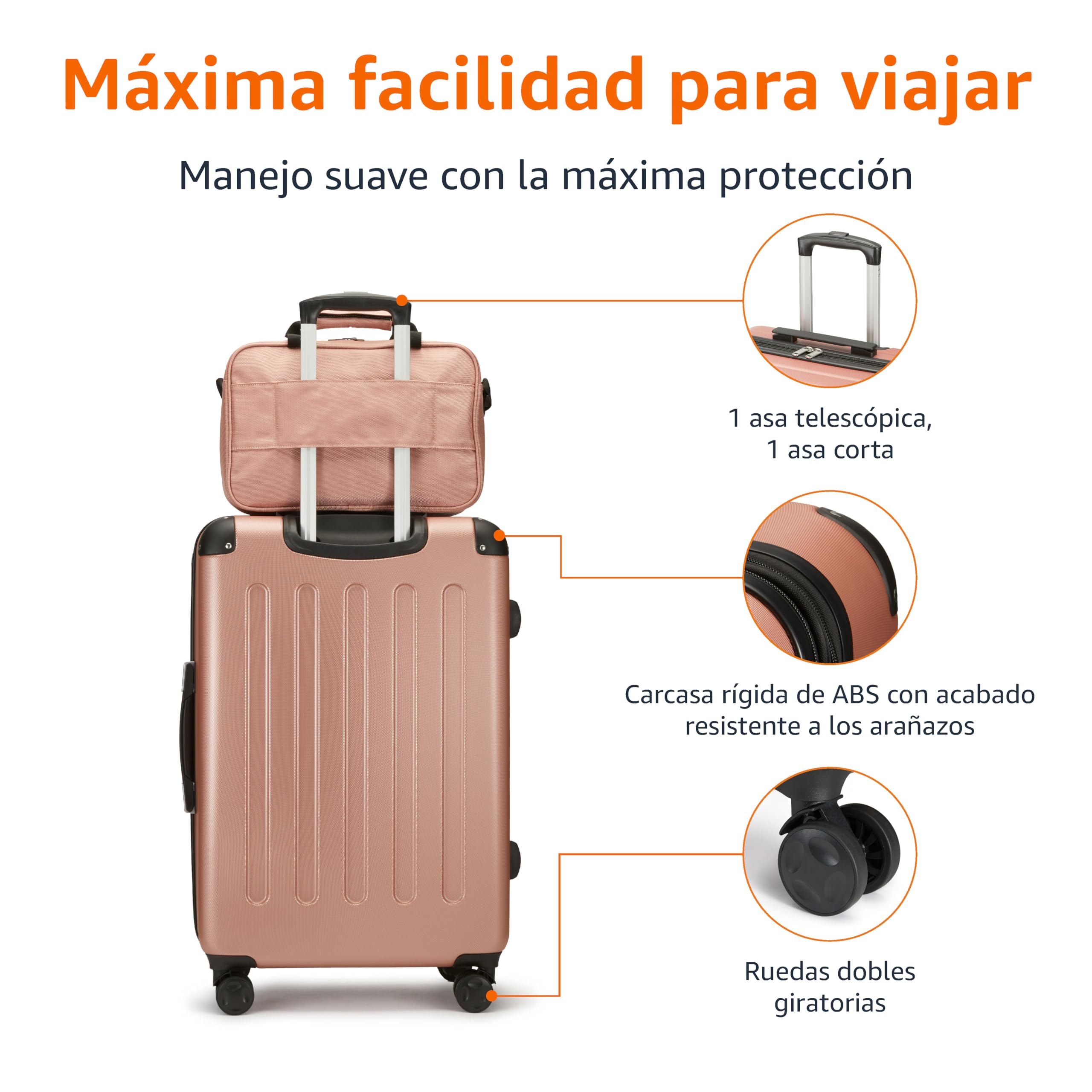 Amazon Basics Equipaje de Mano rígido con Ruedas, Juego de 4 Unidad, Maleta Grande, Bolsa de Mano y Viaje compacta, Ampliable, 4 Ruedas giratorias, Oro Rosa