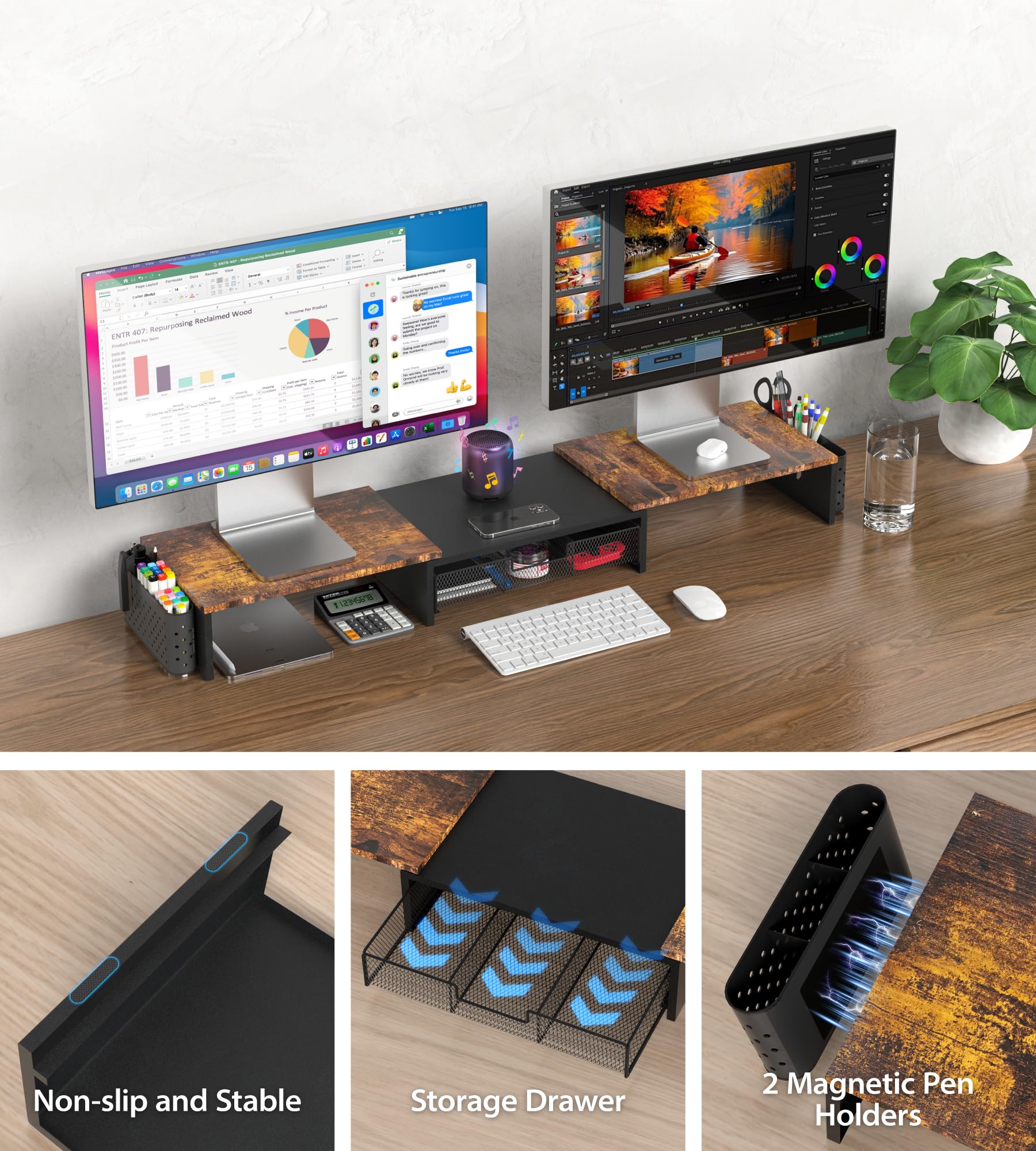 MOWETOO Support de Double Moniteur Réglable en Bois avec Tiroir et Porte-Stylos, Rangement Multifonction pour PC Portable, Ordinateur de Bureau et Imprimante