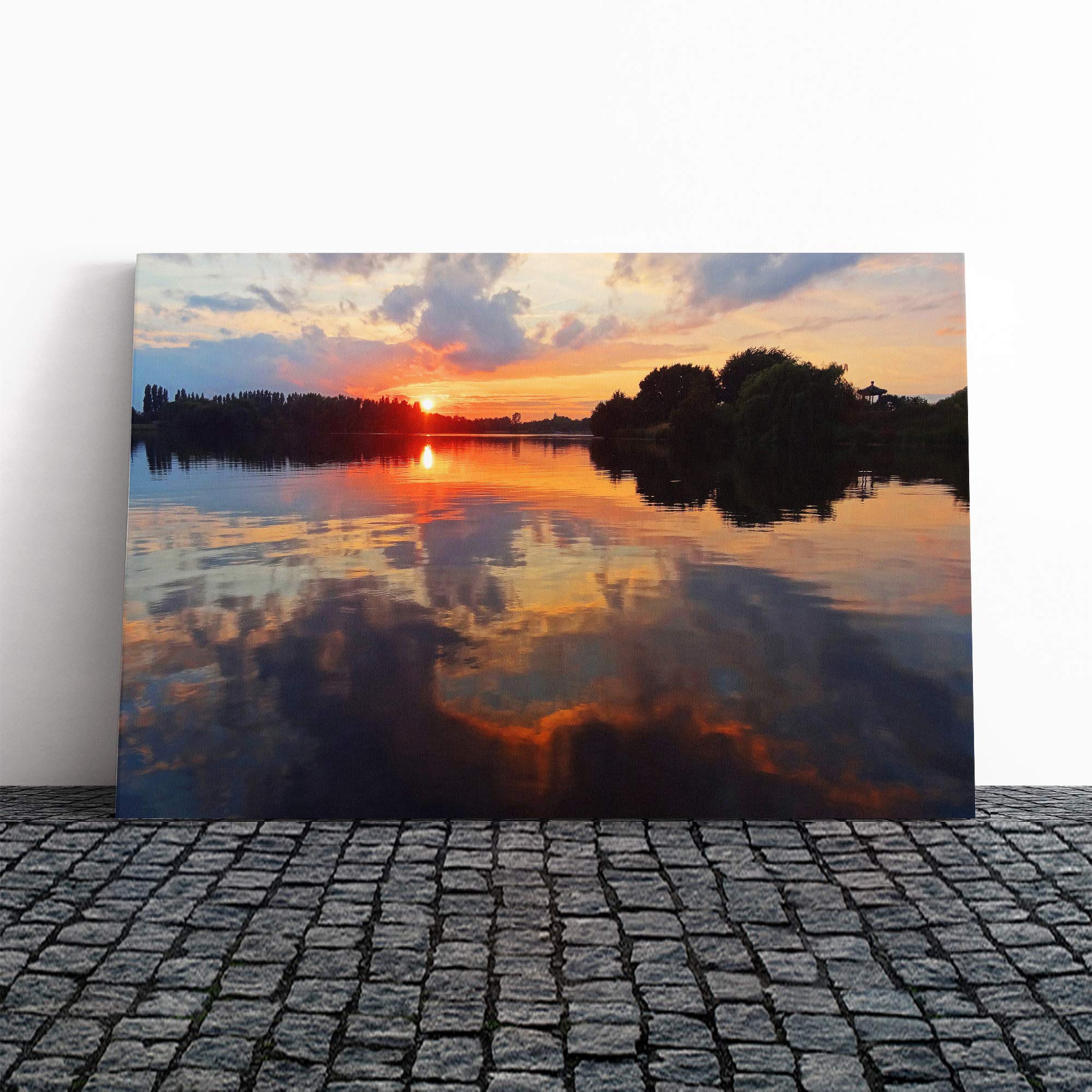 Landscape Sunset Over Lake (3) Canvas Print | Gallery Wrapped 30mm Frame Wall Art | 30x20 inches | Ready to Hang | Modern Landscape Picture | Living Room Bedroom Lounge Office