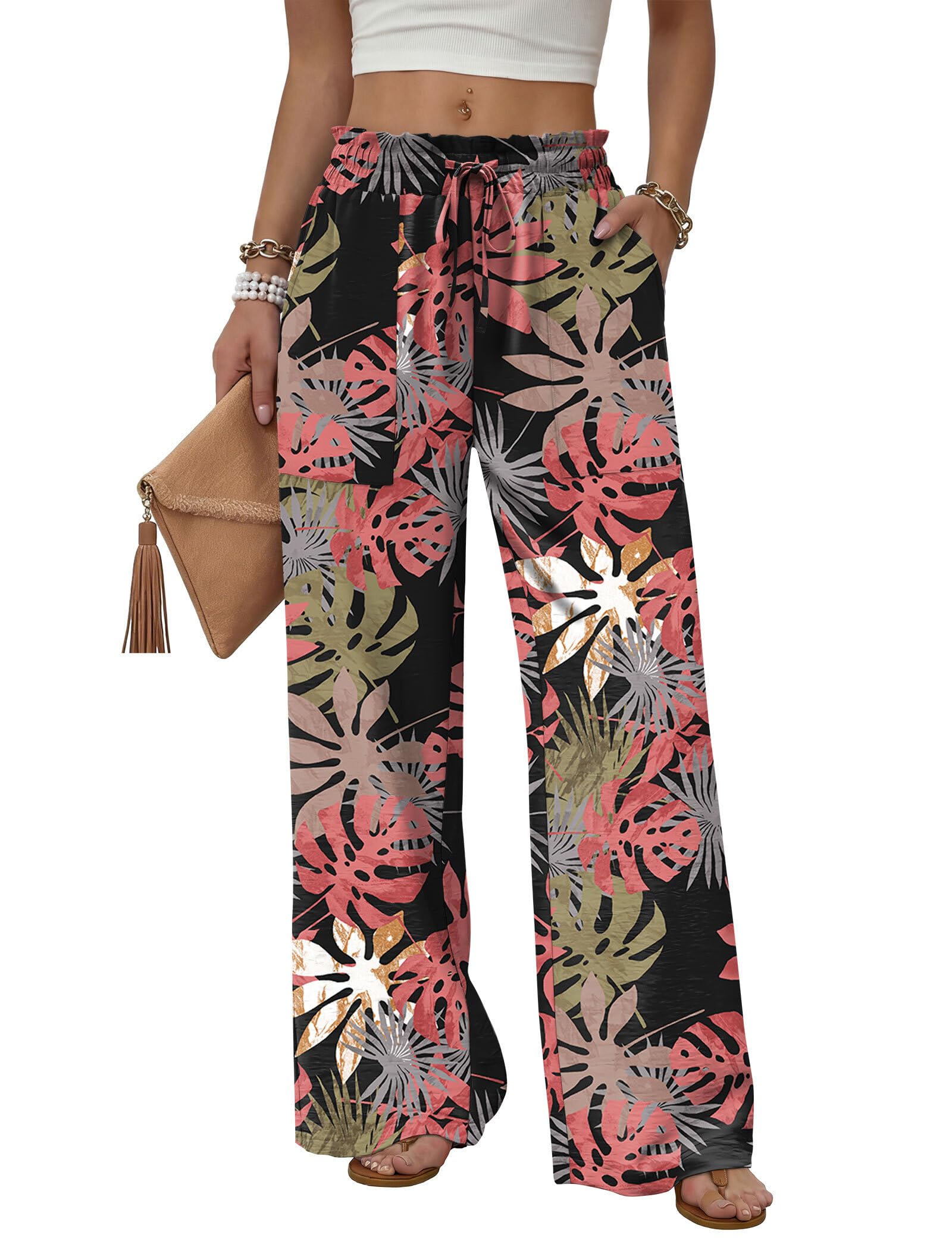 WIHOLL Women's Wide Leg Pants with Pockets Drawstring Loose Trousers Business Work Pants Summer Beach Vacation Clothes — view 8