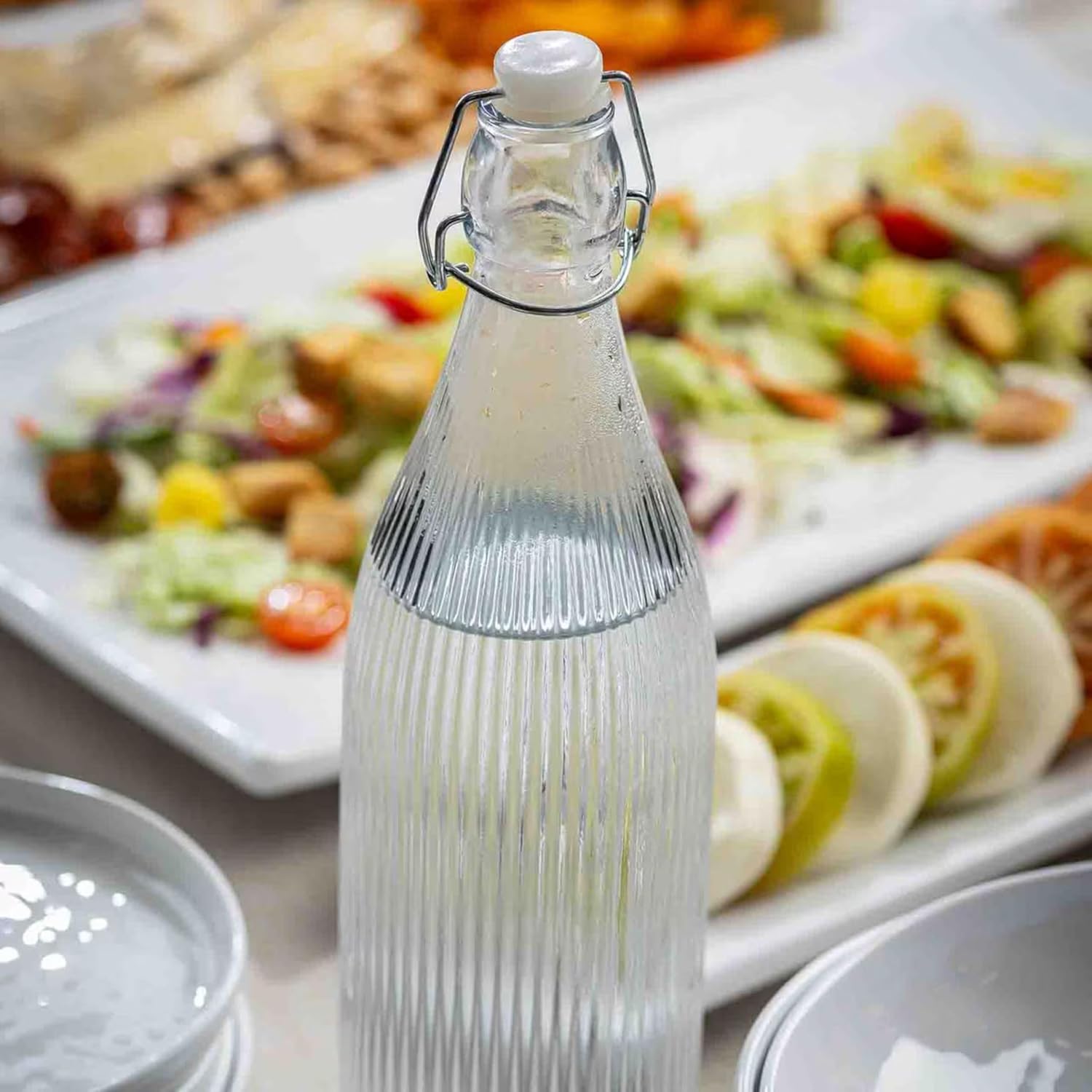 TableCraft 12976 Resealable Carafe, 34 oz Clear Glass Beverage Carafe with Fluted Design, Leak-Resistant Stopper, Slim Profile for Tabletop Beverage Dispensing