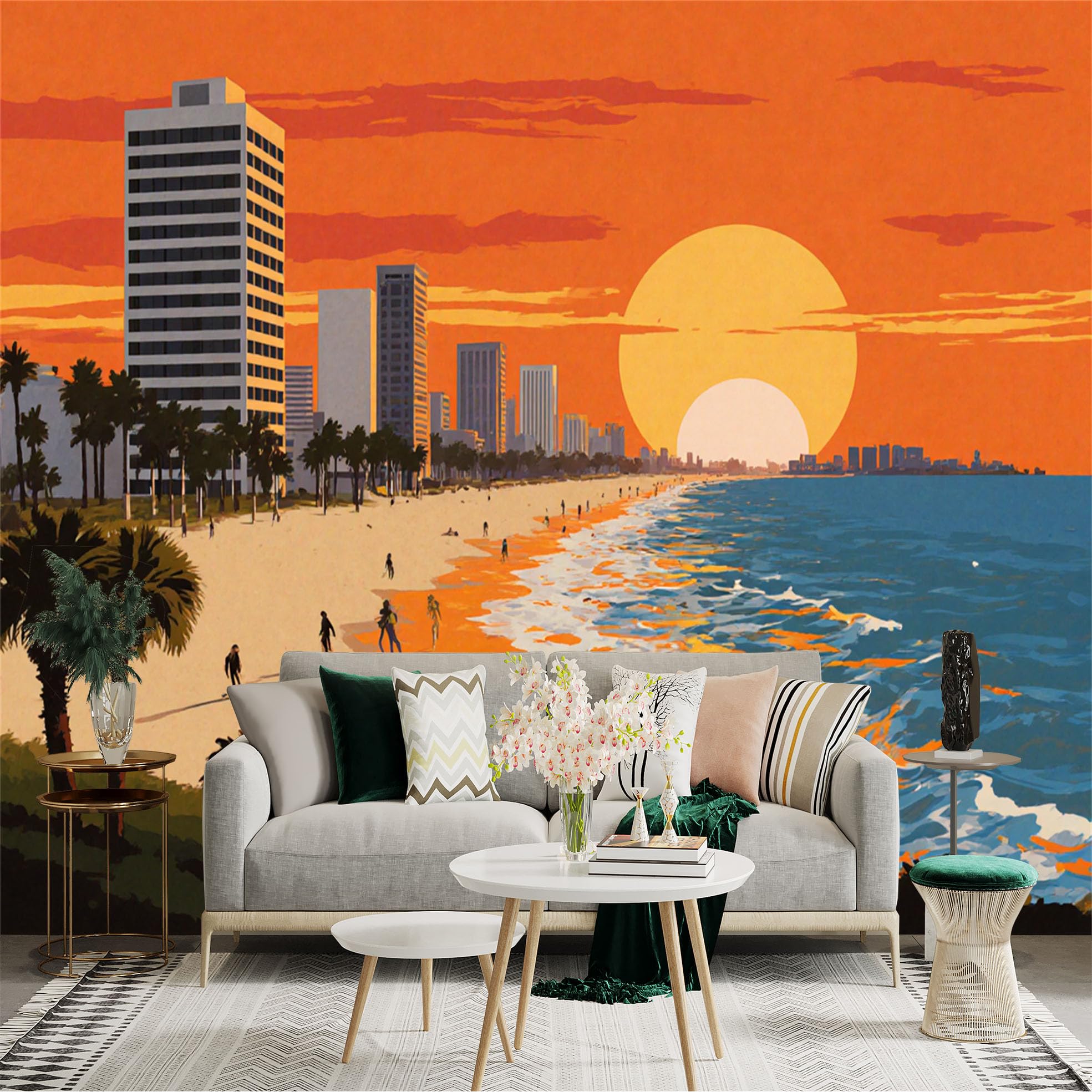 Lnzczhyre Xc260505509 Custom Size Wall Sticker Mural， Sunset Beach Scenery， Modern City Skyline， Tropical Palm Trees， Golden Hour Ocean View， For Wall Decoration， Peelandstick Wall Decals.