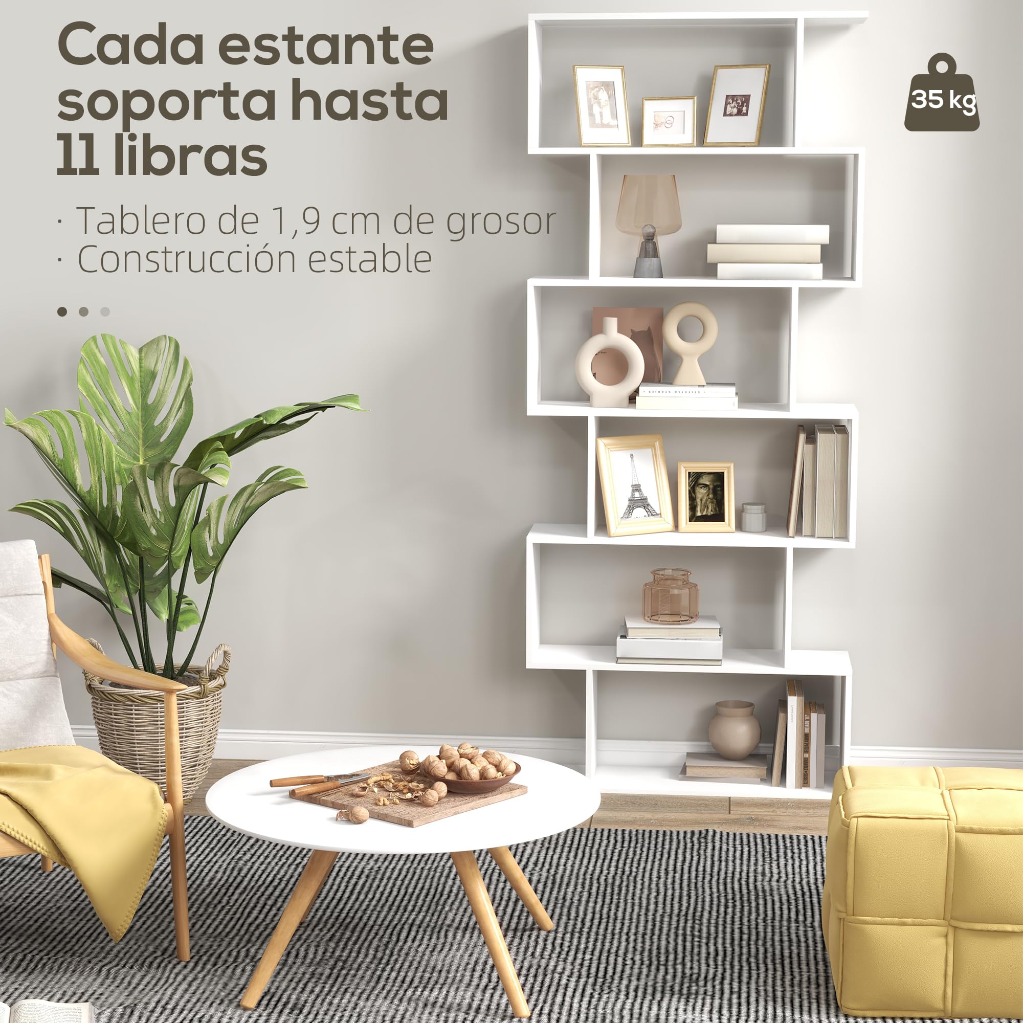 HOMCOM Biblioteca, Librería de 6 Niveles, 80x23x192 cm, Estantería para Libros, Estantería Moderna para Salón, Dormitorio, Estudio, Oficina, Blanco