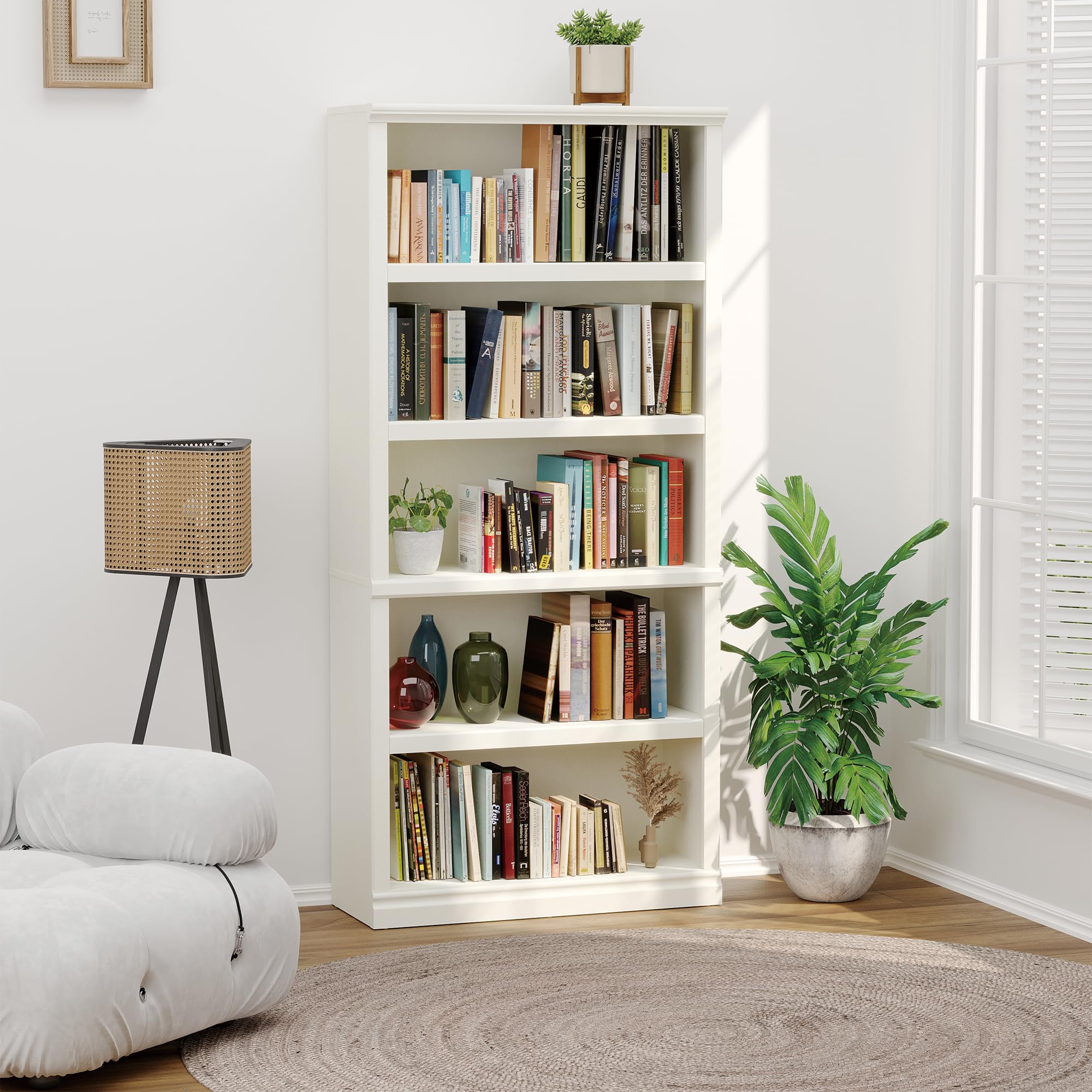 Bevfint Bookshelf, Open Storage Tall Wihte Book Cases/Shelves, Floor Standing Bookshelves and Bookcases, Library Bookcase for Farmhouse Library Office Bedroom Kids, White - 5 Tier