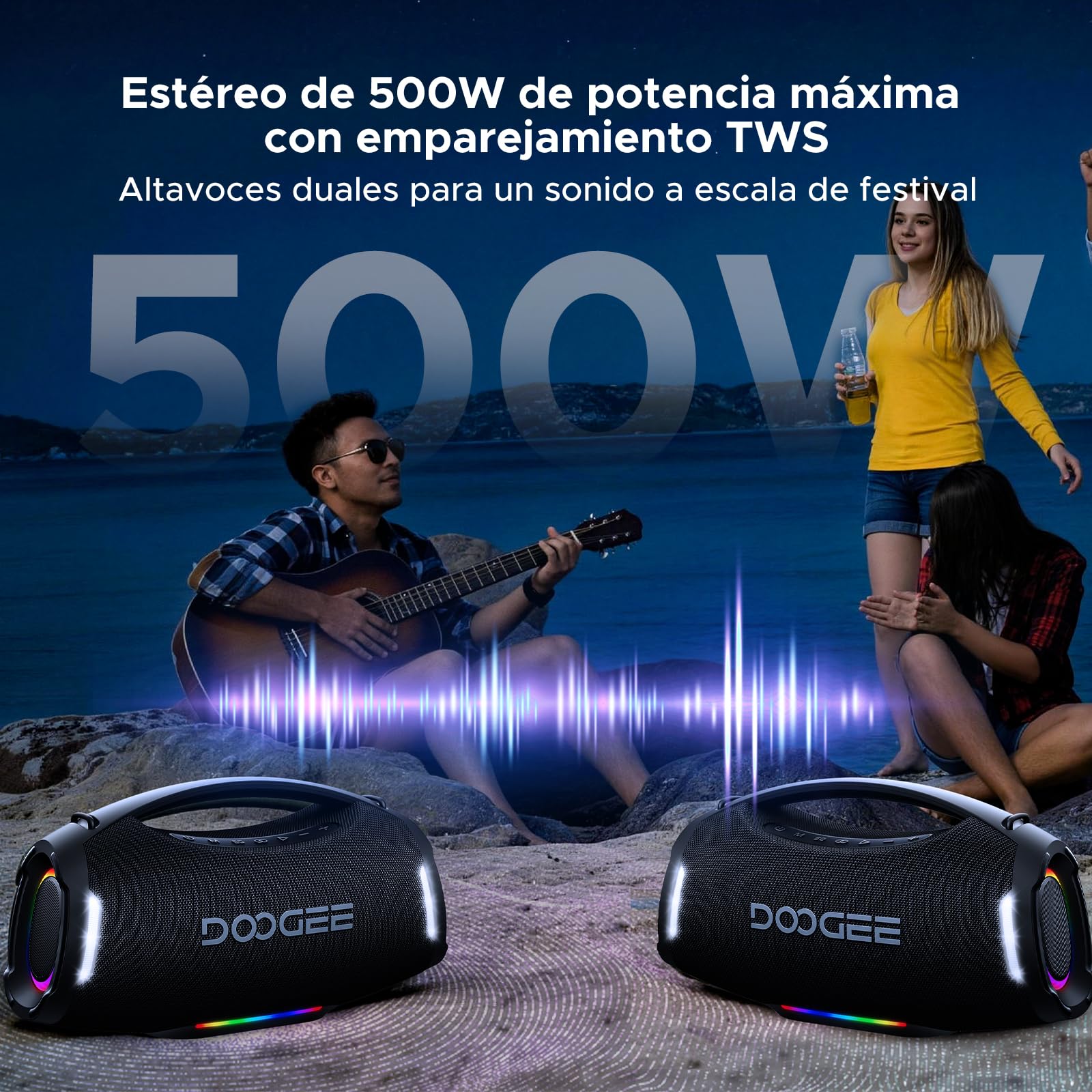 Wild Boom Pro Altavoz Portatil, Speaker Potente 250W Pico Sonido 2.1, Batería 12000mAh Luces RGB Sincronizadas y Focos de Escenario, Altavoces Portátiles TWS para Fiestas y Actividades