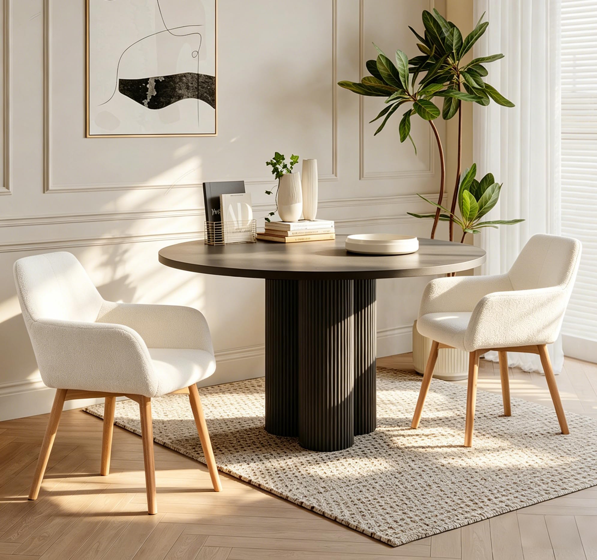 Mid-Century Modern Esszimmerstuhl 2er-Set – gepolsterter Sessel mit Holzbeinen, bequemer Polsterstuhl für Esszimmer & Wohnzimmer, im Retro-Design (Wollweiß, 2 Stück)