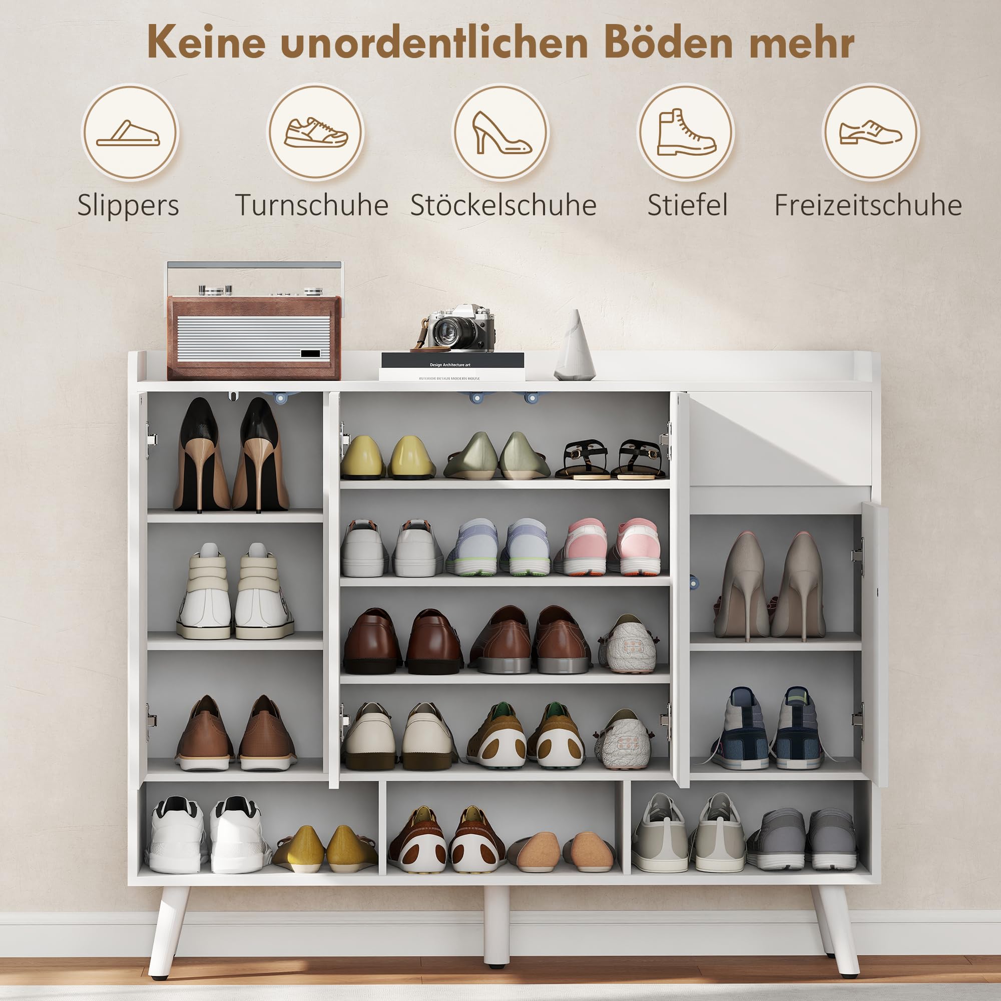 HOMCOM Schuhschrank mit 4 Tür, Druck-zum-Öffnen 120 x 35 x 100 cm Weiß
