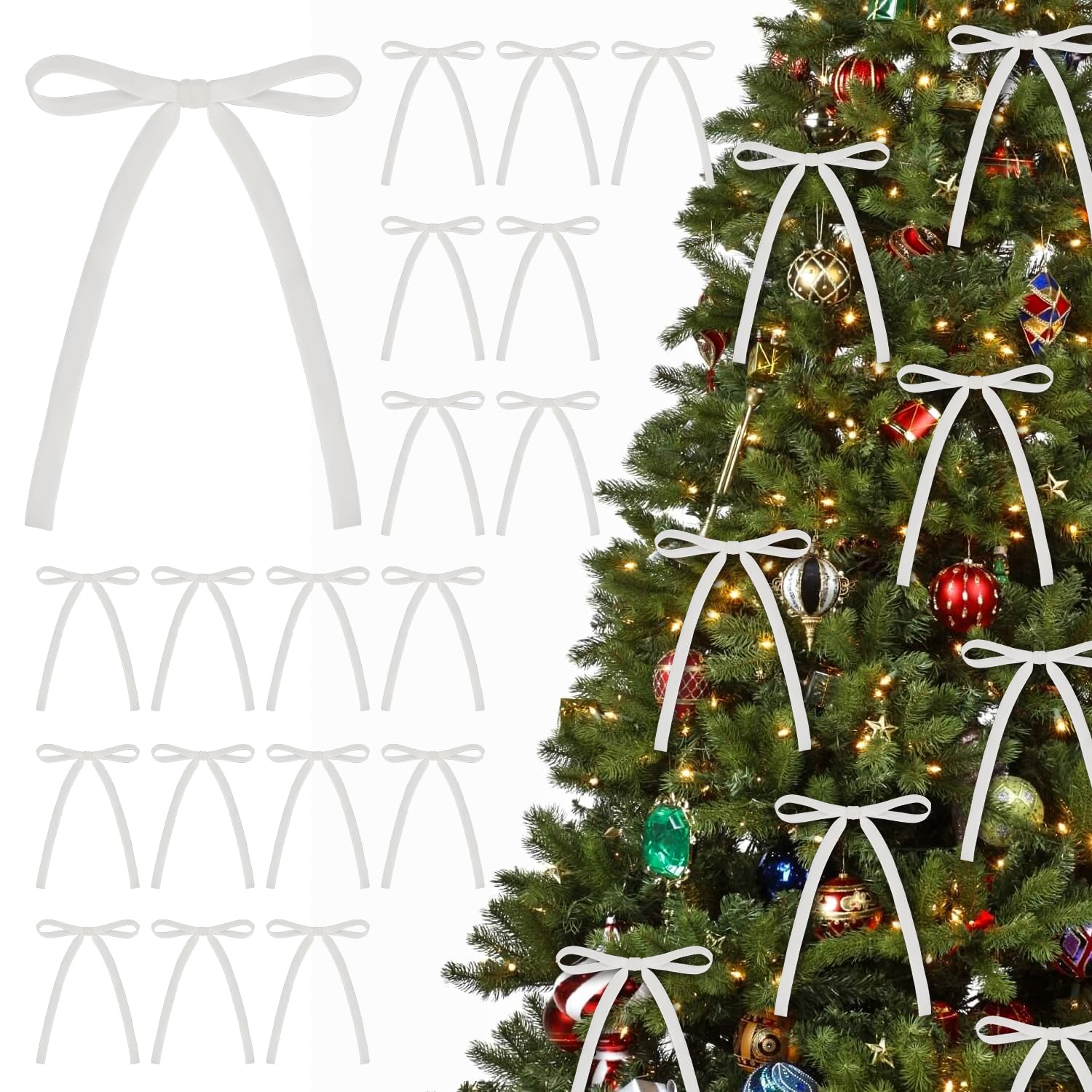 KKSTY 30Pcs Christmas Velvet Bows, Vintage Style Velvet Ribbon Bows for Christmas Tree, Gift Wrapping, Wreaths, Garlands, Wedding, Party, Home Decor,5x7 Inches (White)