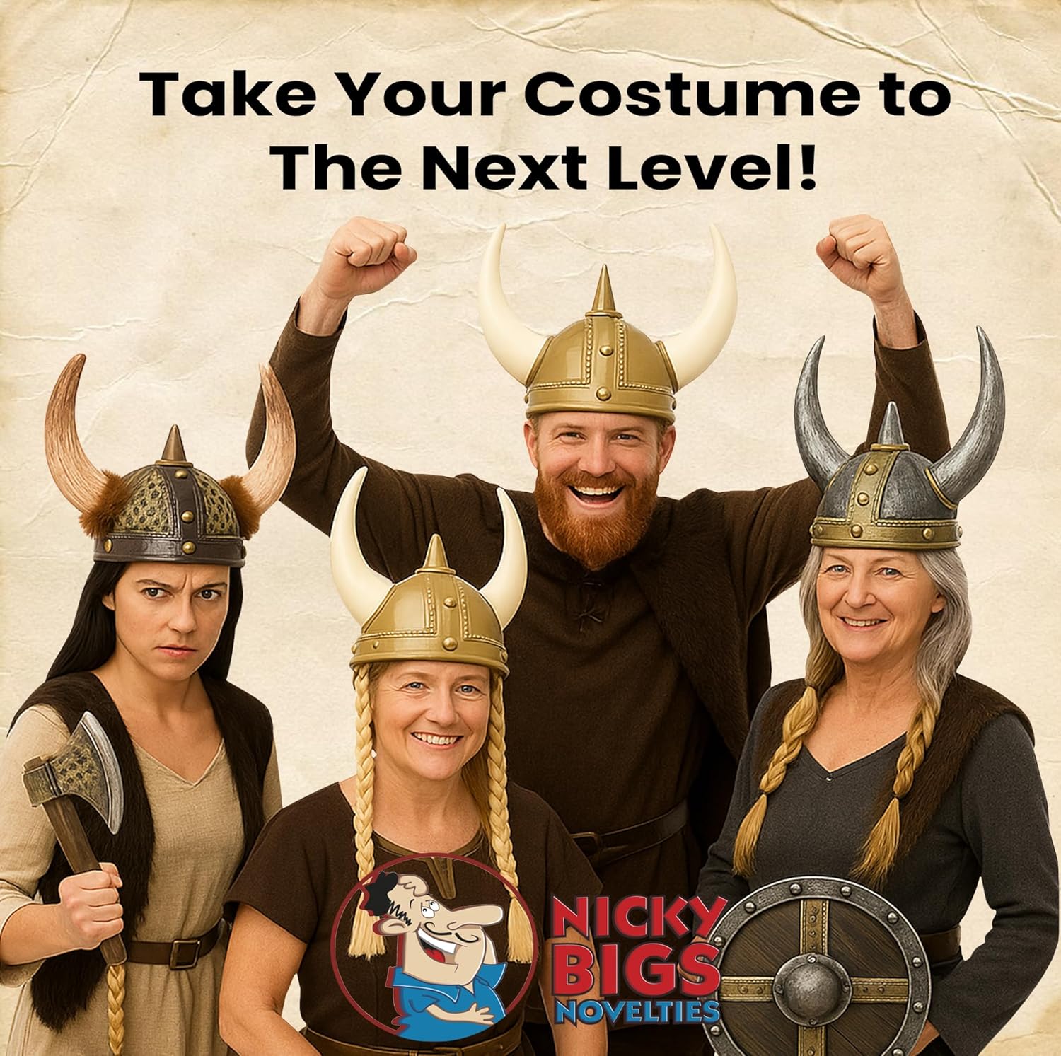 Nicky Bigs Novelties Morph Viking Helmet with Horns and Hair Braids for Adult Plastic Norse Barbarian Warrior Hat Brown Gold Medieval Vikings Costume Accessory Halloween Hats 6 Configurations