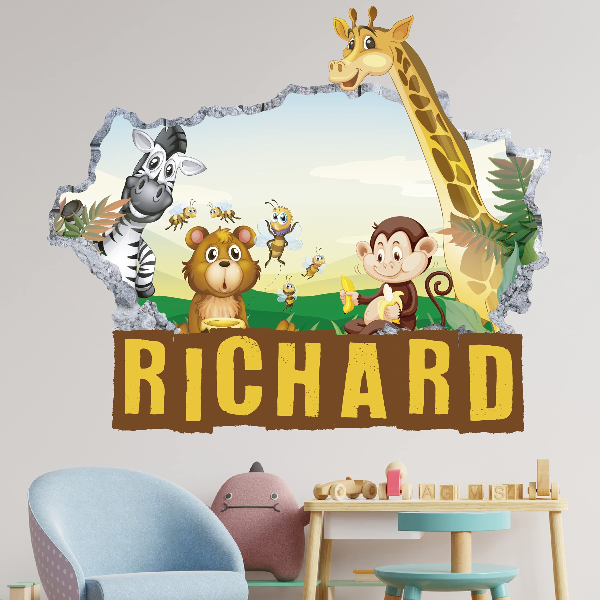Zoo - Zebra Jirafa Mono Tigre Calcomanías de Vinilo Personalizadas con Nombre Pegatinas de Letras Calcomanías de Pared LE17 (Grande: 100 cm x 64 cm)