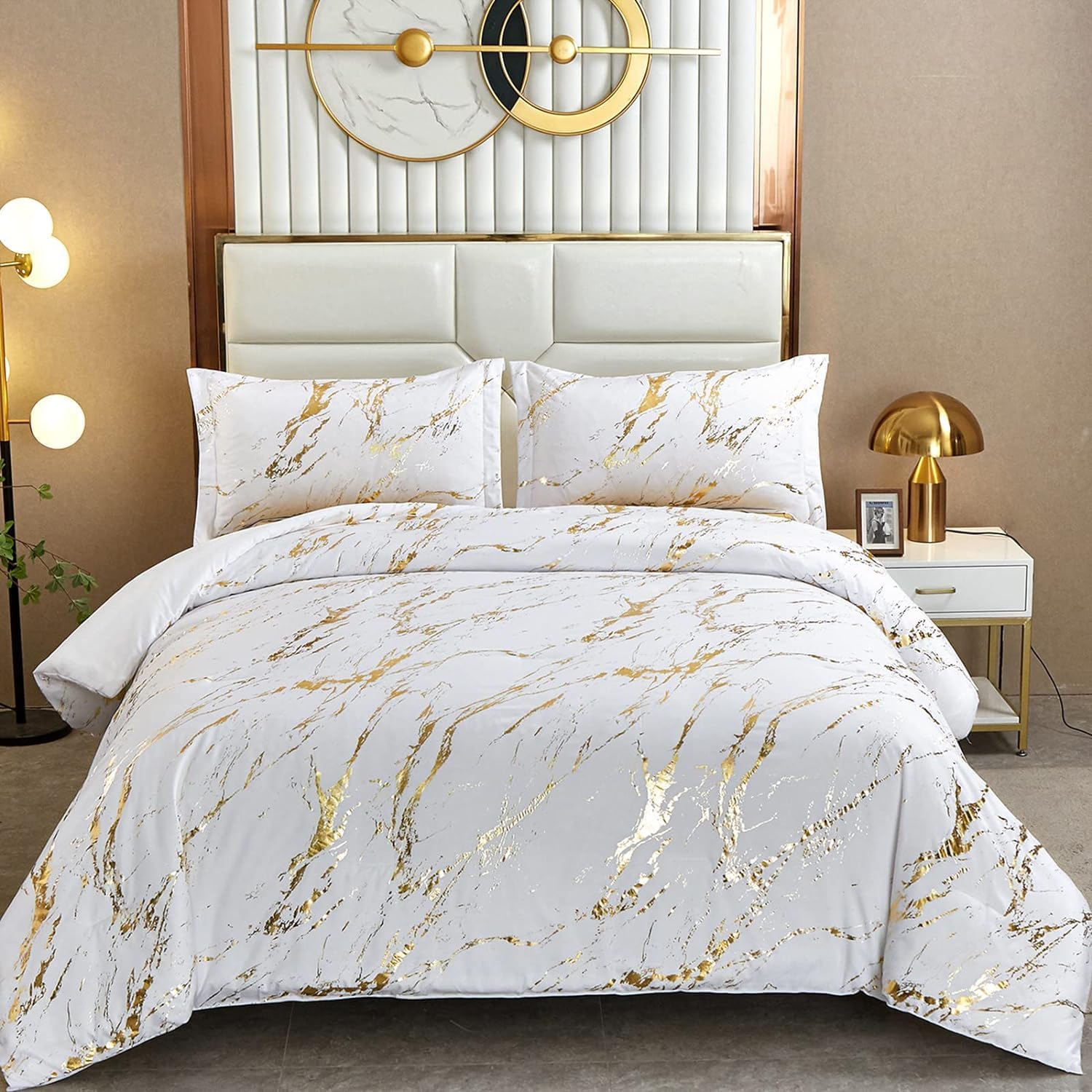WONGS BEDDING White Gold Metallic Marble Christmas Comforter Set Full Foil Print Glitter Bedding Sets with 2 Pillowcases for All Seasons, Soft Microfiber Filling Bedding Duvet Set 78"×90" White Full(78"×90")