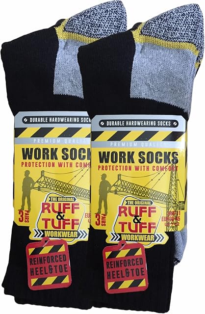 6 Pair Heavy Duty Work Socks Ruff Tuff Durable Size 6-11 Reinforced Made For Steel Toe Cap Boots, BLACK (RUFF676899)