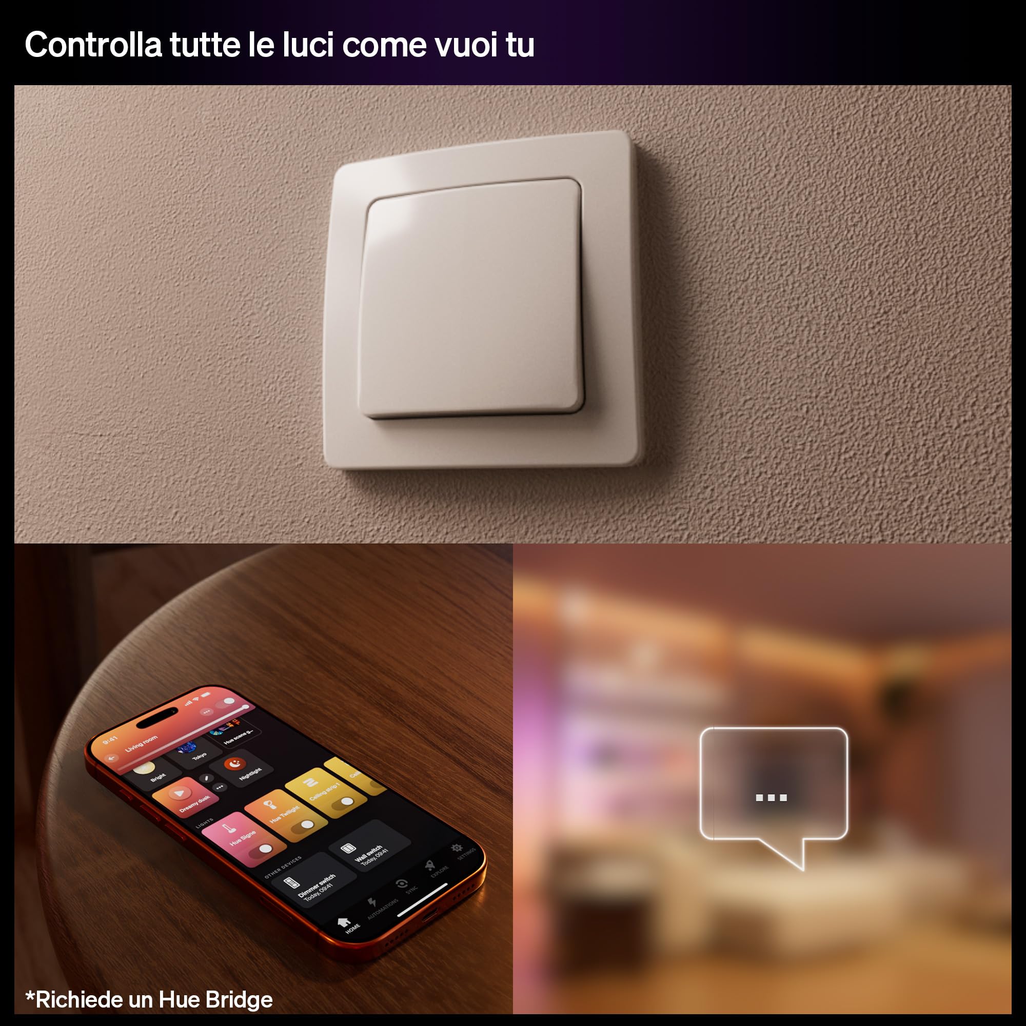Philips Hue Interruttore a Muro Cablato, 2 Pezzi, Controllo Luci Hue, Comandi Personalizzati, Senza Batterie, Connessione Affidabile, App, Comandi Vocali, Funziona con Apple Home, Google Home, Alexa
