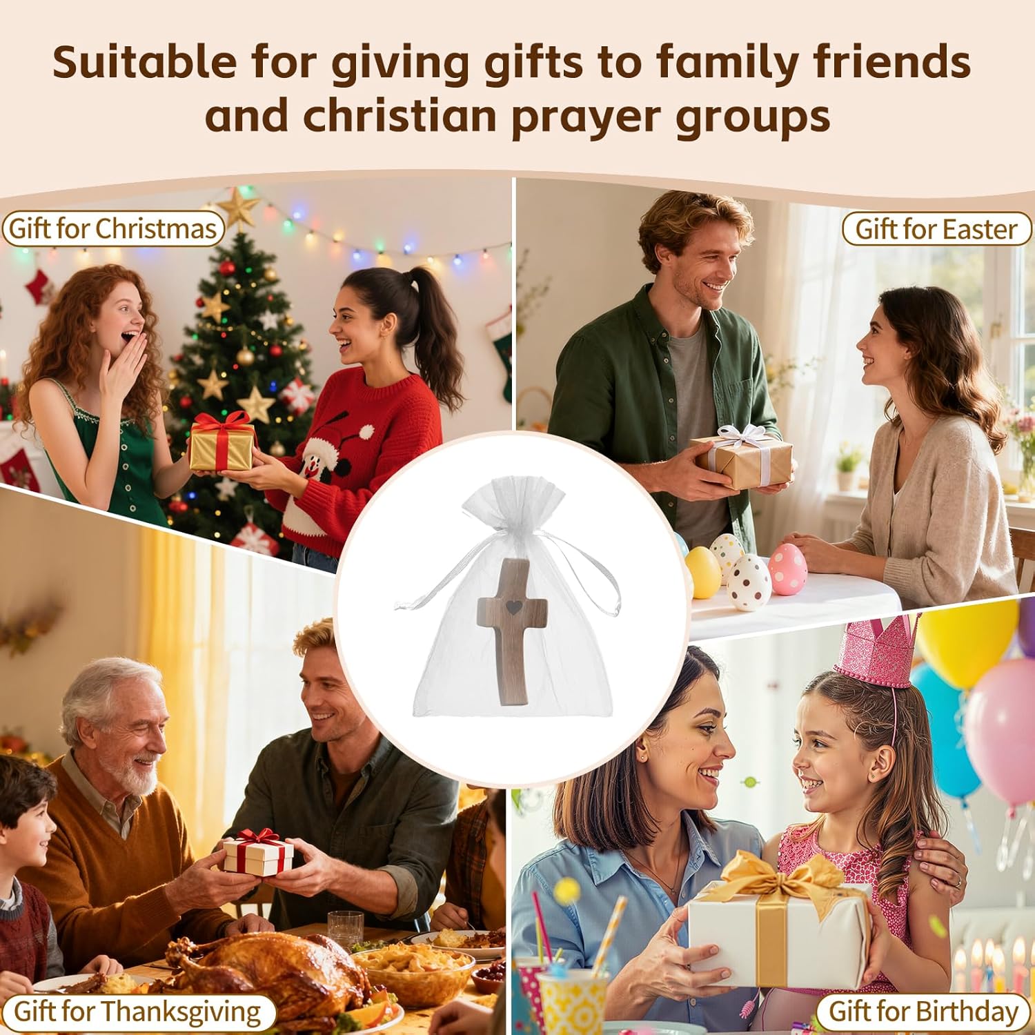 Wooden Cross Fidget for People with Anxiety Relief Handheld Small Pocket Cross Prayers Encouragement Christian Religious Gift for Adults/Teens/Elderly on Christmas/Easter,etc(4 Pcs)