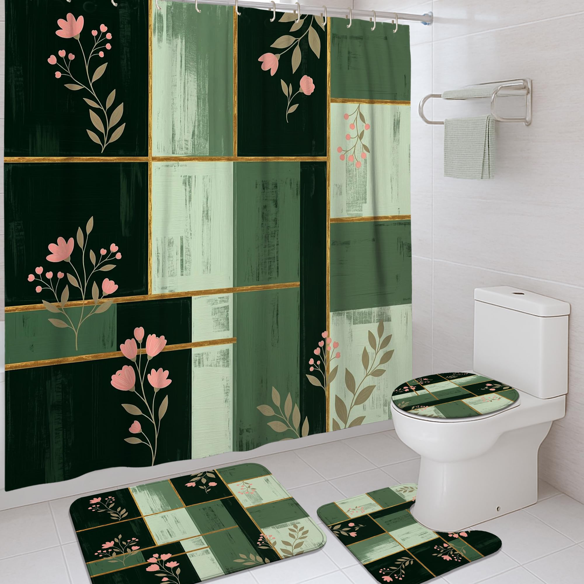 Rideaux de douche fleurs et feuilles anti-éclaboussures lavables pour douche d'appartement