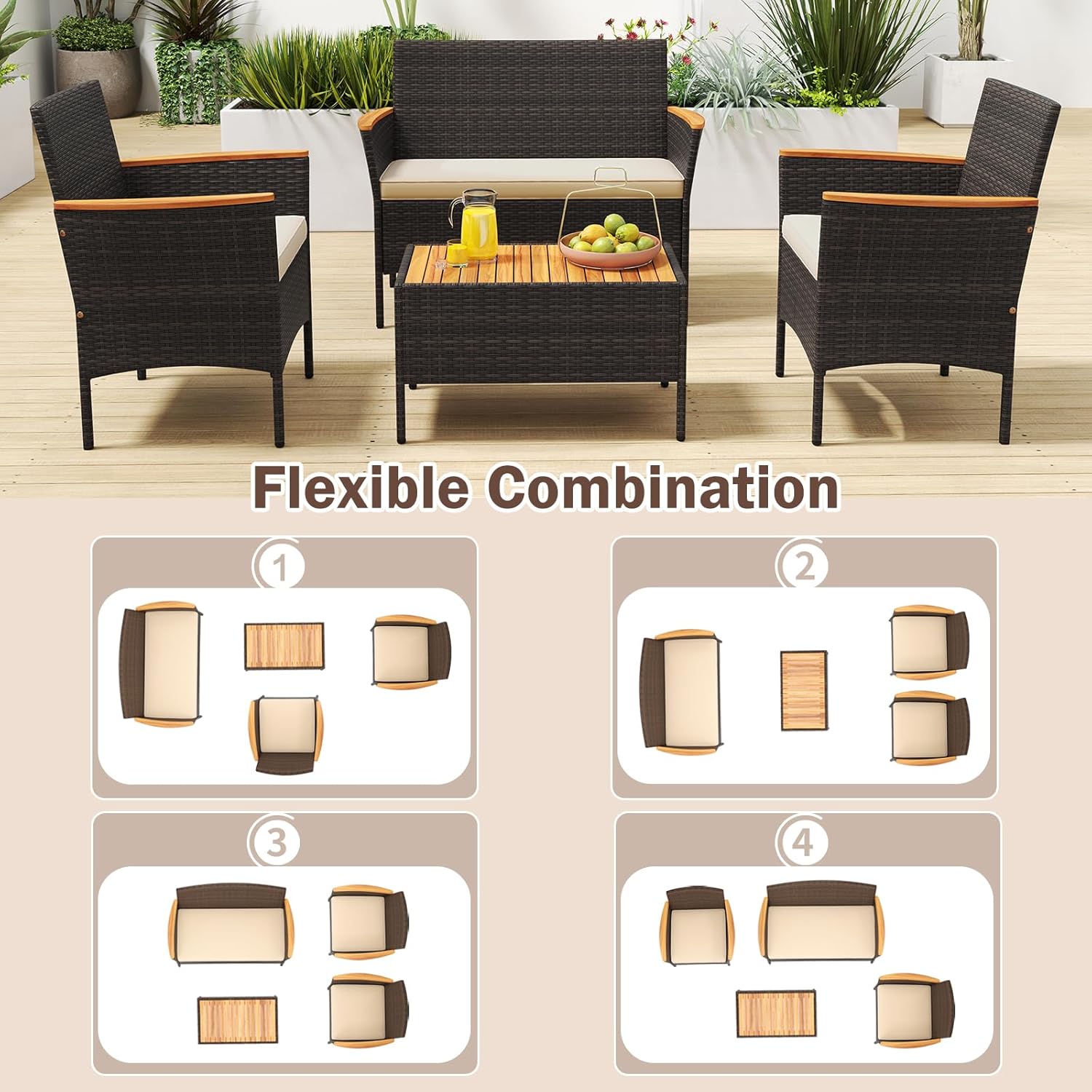 Tangkula 4 Pieces Patio Wicker Sofa Set, 2 Rattan Chairs & Loveseat w/Coffee Table, Acacia Wood Armrests & Tabletop, Outdoor Cushioned Conversation Set for Backyard, Poolside (1)