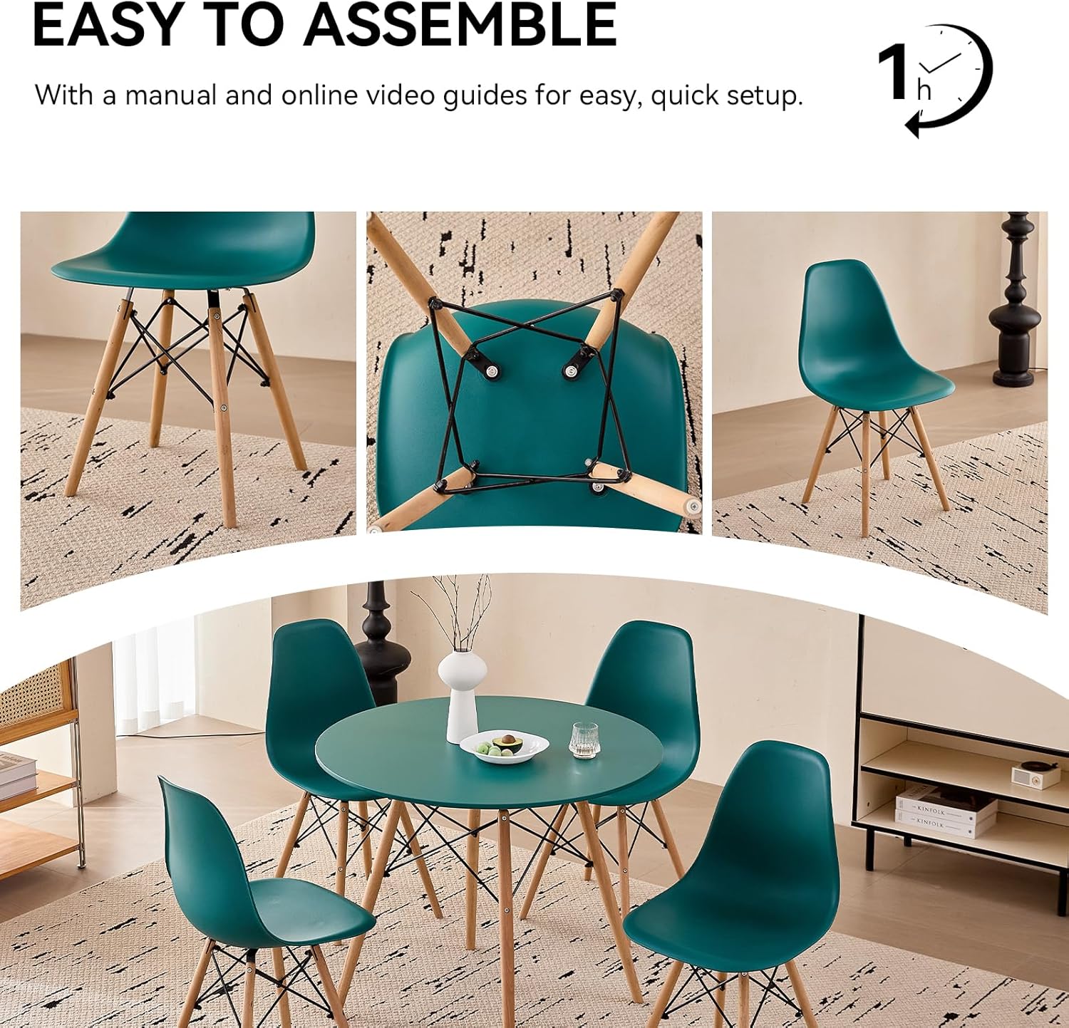 5-Piece Round Dining Table Set, Small 35.5" Kitchen Table Chairs Set of 4 Space Saving Furniture, Plastic Seats, Solid Wood Legs, for Living Room Apartment Office Home, Green