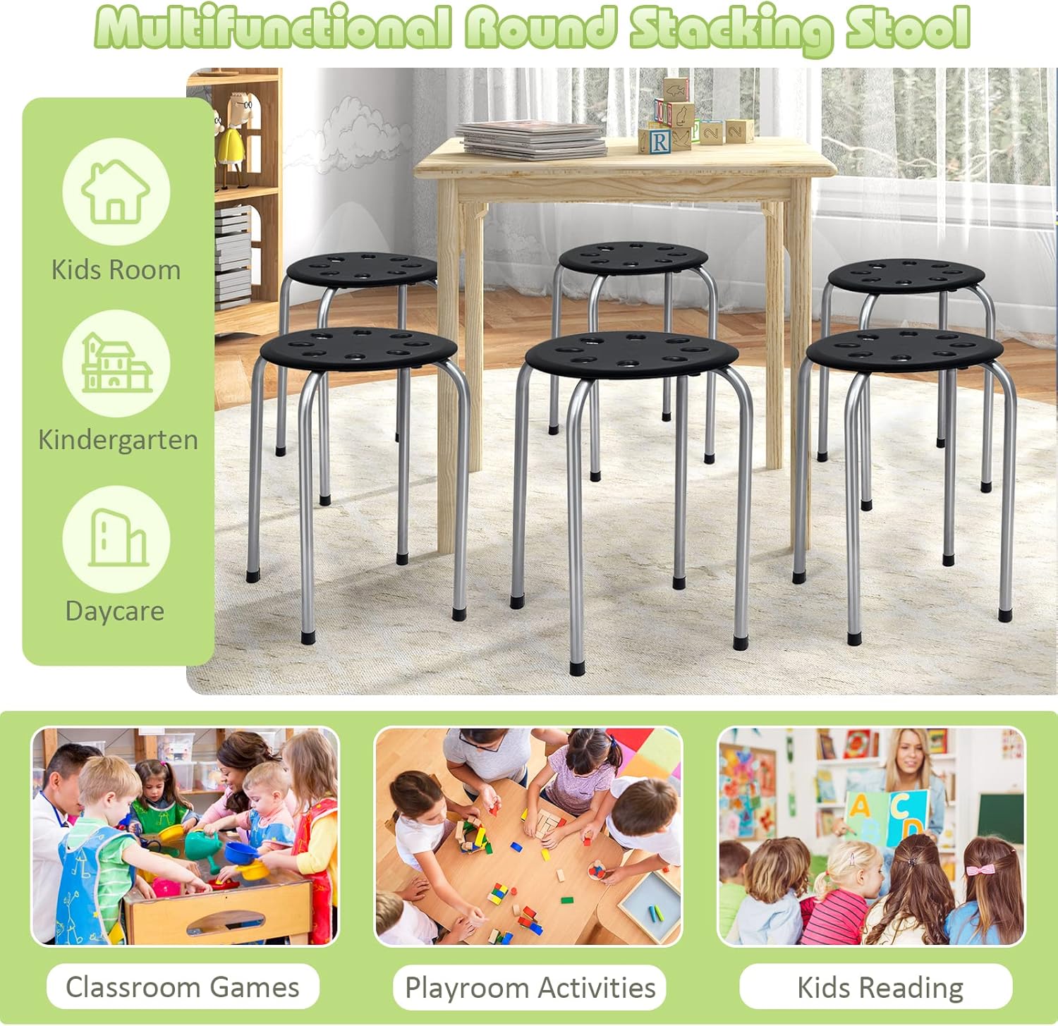 HONEY JOY 6 Pack Stackable Stool, 17.5” Kids Stacking Decoration Stool Set w/Metal Frame & Plastic Seat, Backless Round Flexible Seating for Children's Table, School, Classroom(6 Piece, Gray)