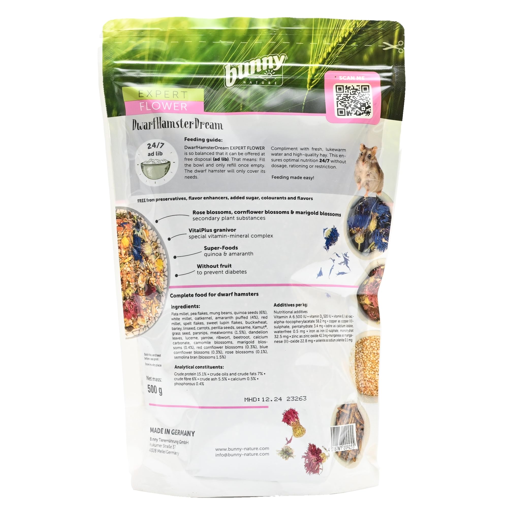 Bunny Nature Dwarfhamster Dream Expert Flower – Piatto naturale superfood con miscela di fiori, cereali, verdure e vermi – Nutrizione equilibrata