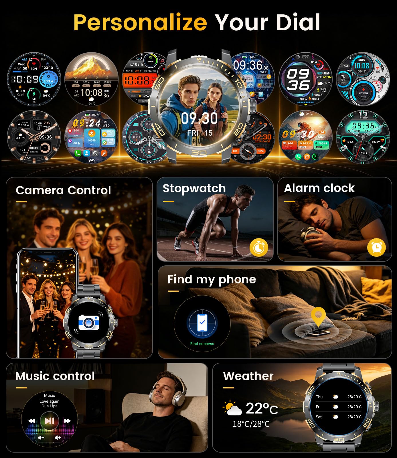 Montre Connectée Homme, 1,43"AMOLED Smartwatch avec Lampe Torche, Appels Bluetooth, 800 mAh, IP68 Étanche, 200+ Modes Sportifs, Suivi de la Fréquence Cardiaque et Sommeil iOS/Android, Noir