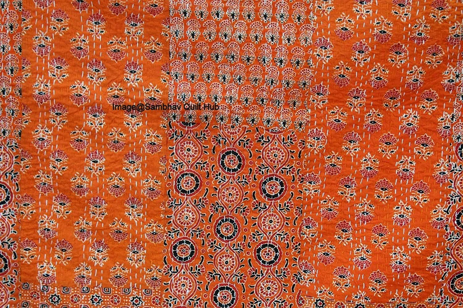 Orange Quilting Hippie Kantha Ajarkh Hippie Handmade Queen Size Kantha Bedspread Ajrakh Reversible Hand Stitched Cotton Kantha Quilts Bohemian Floral Kantha Twin/Queen (60X90 inch)