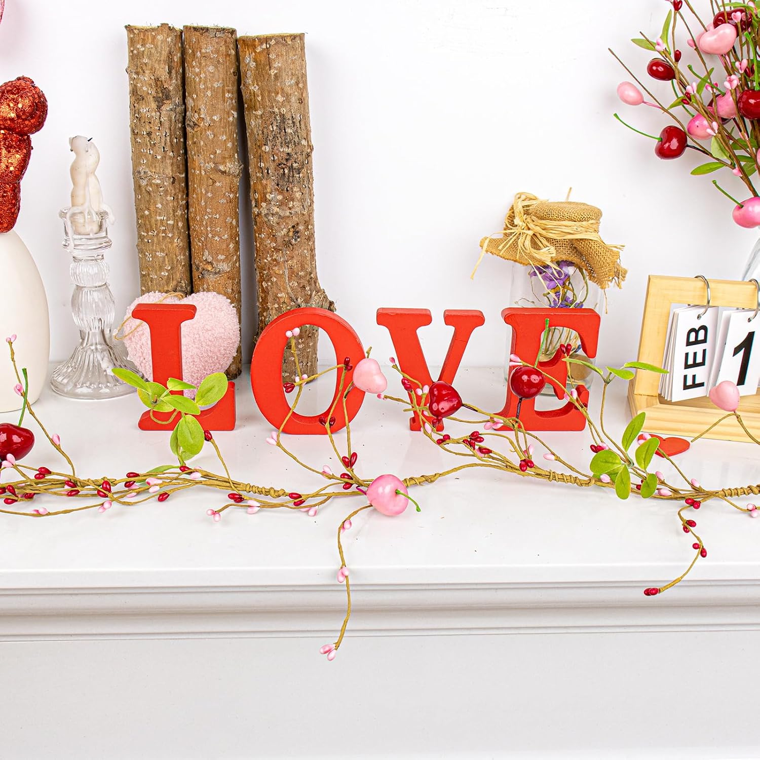 Yawwind 6 FT Vintage Valentines Garlands Farmhouse Valentine Day Garland Valentines Garland for Mantle Pink Red Heart Cherry Garlands for Wedding Table Fireplace Mantel Stairs
