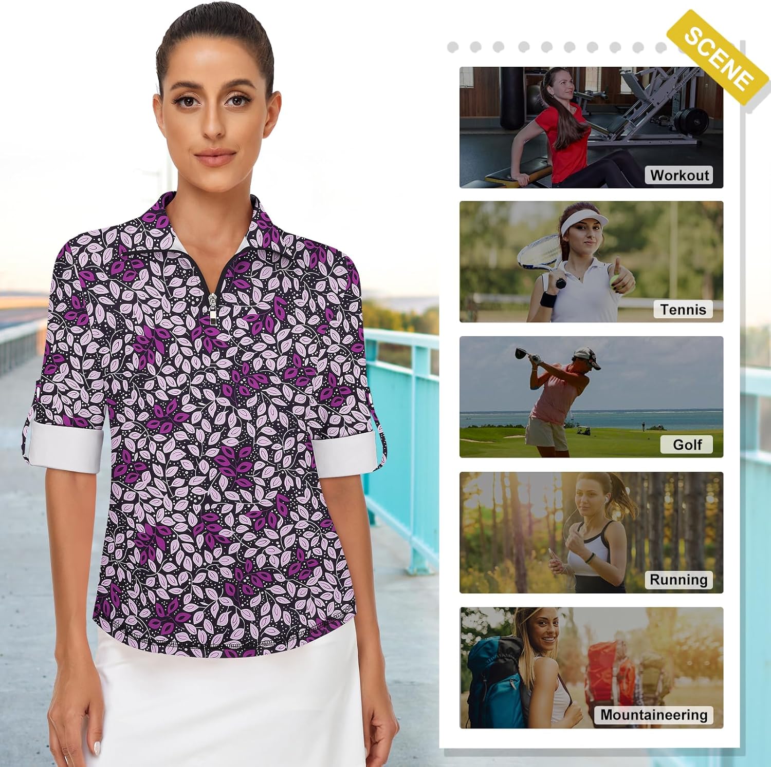 Koscacy Women's 3/4 Roll Sleeve Golf Tennis Polo Shirts UPF50+ Half Zip Dry Fit Workout Tops Athletic Shirt