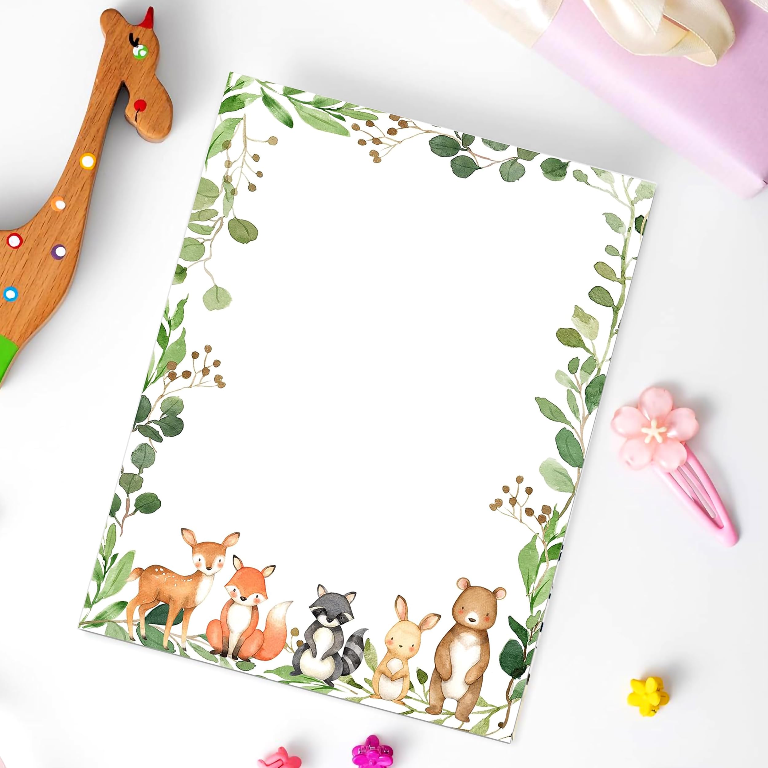 Papelería para baby shower de animales del bosque del bosque, 60 hojas, papel de membrete de una sola cara de 8.5 x 11 pulgadas para invitaciones, notas de agradecimiento y escritura