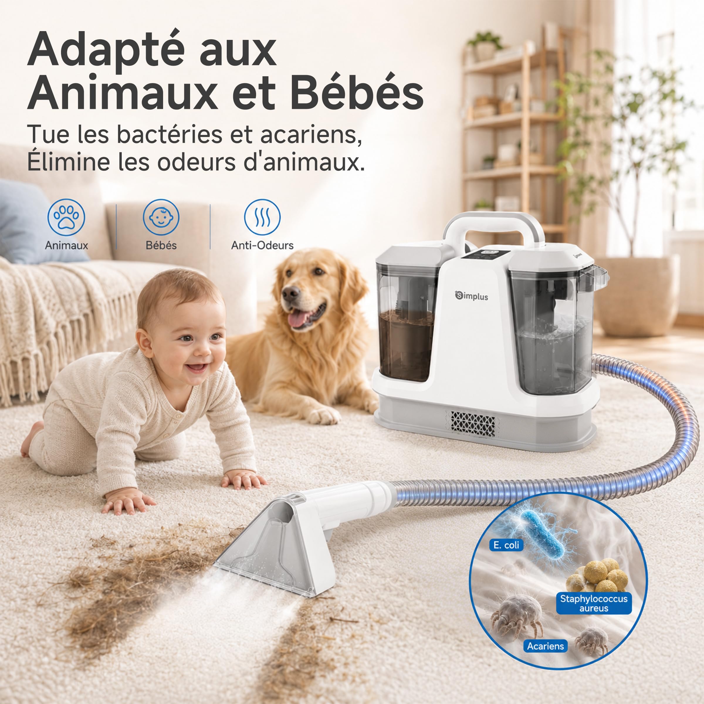 SIMPLUS Nettoyeur Vapeur Tissu Injecteur Extracteur 1.1L Eau Chaude
